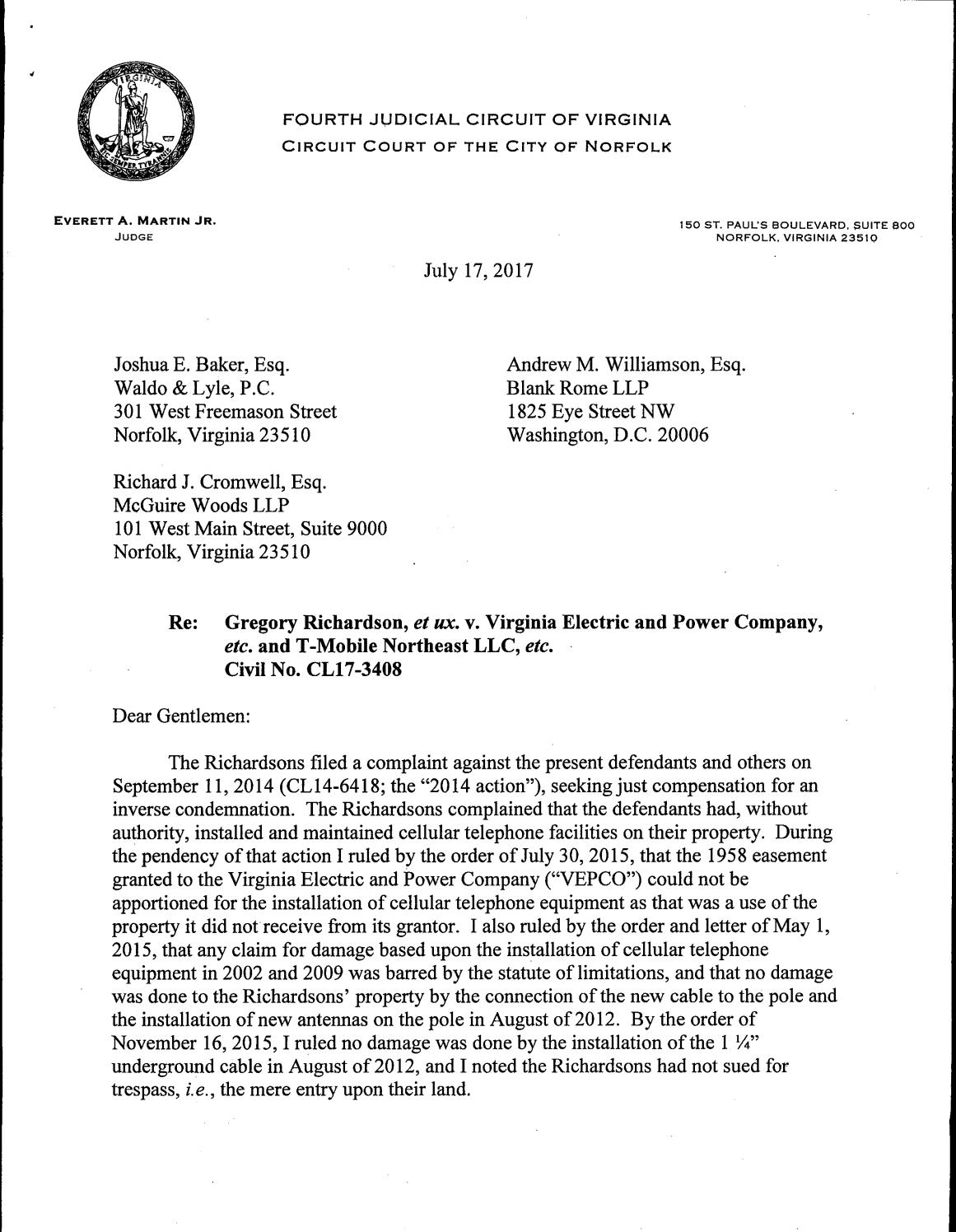 Richardson v vepco and t mobile opinion letter