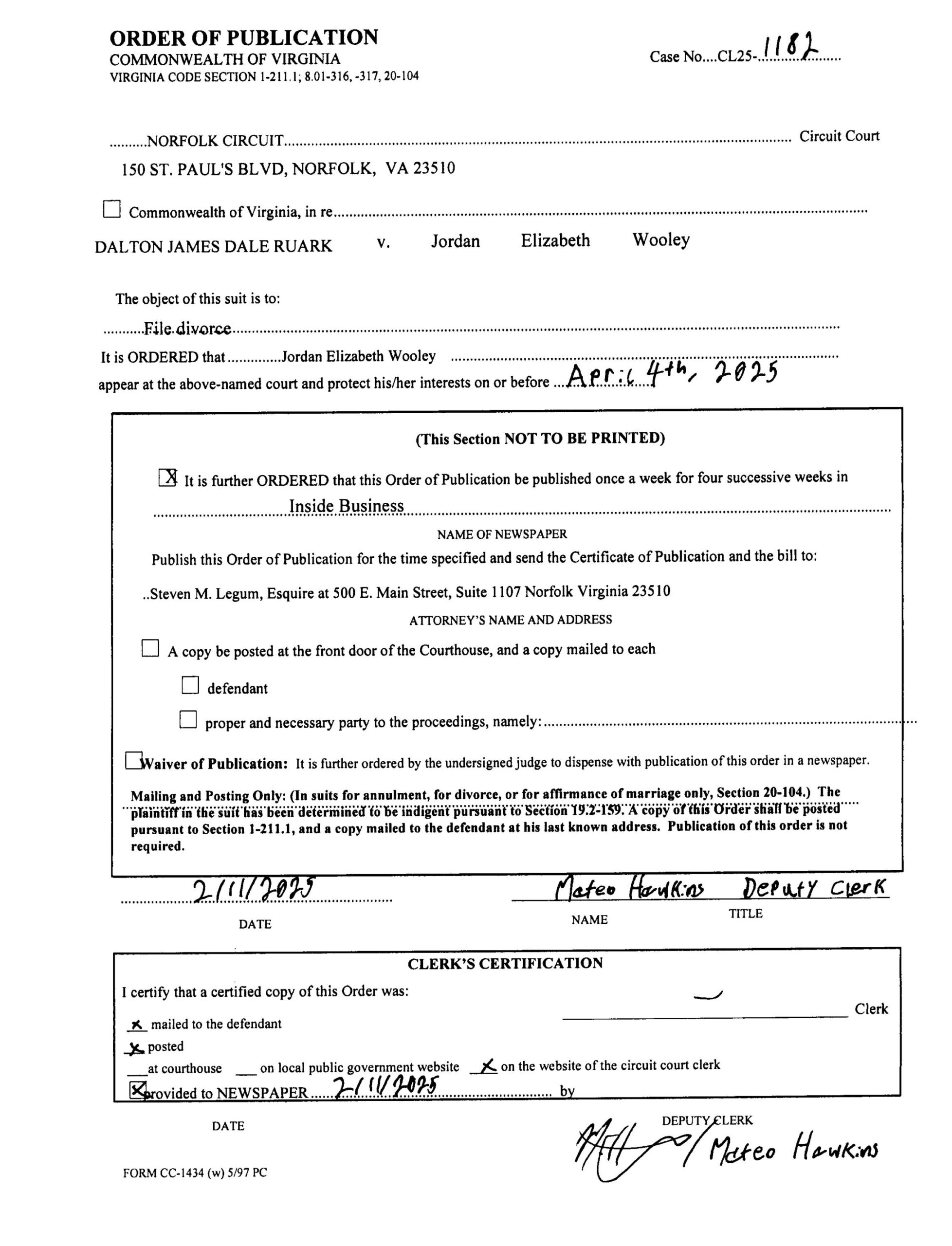 CL25-1182 Order of Publication