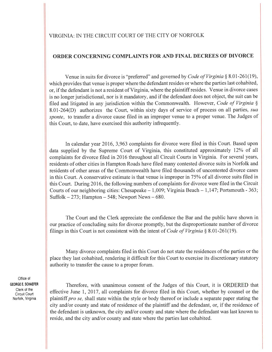 Order concerning complaints for and final decrees of divorce