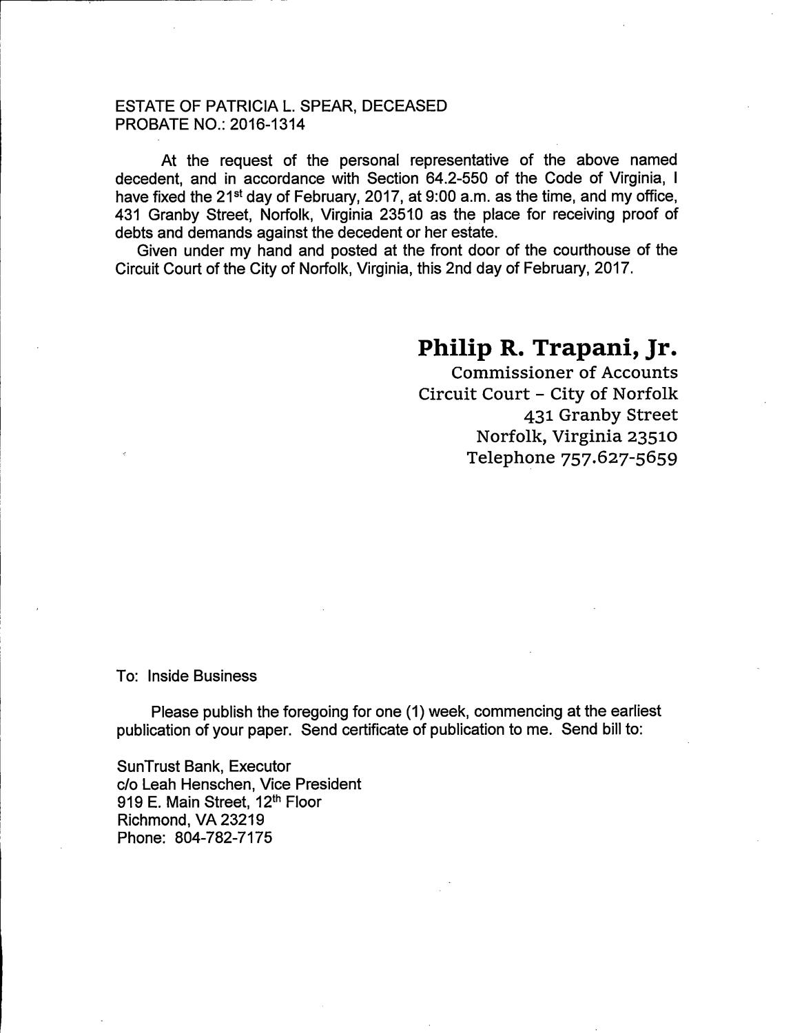 ESTATE OF PATRICIA L. SPEAR, DECEASED, PROBATE NO: 2016-13147