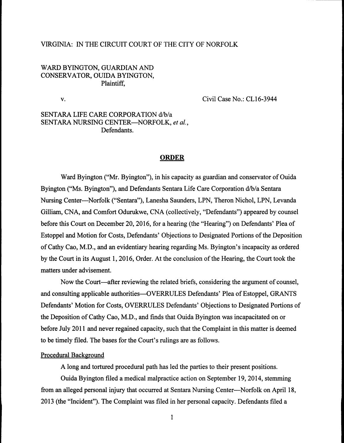 Byington v sentara life care corp