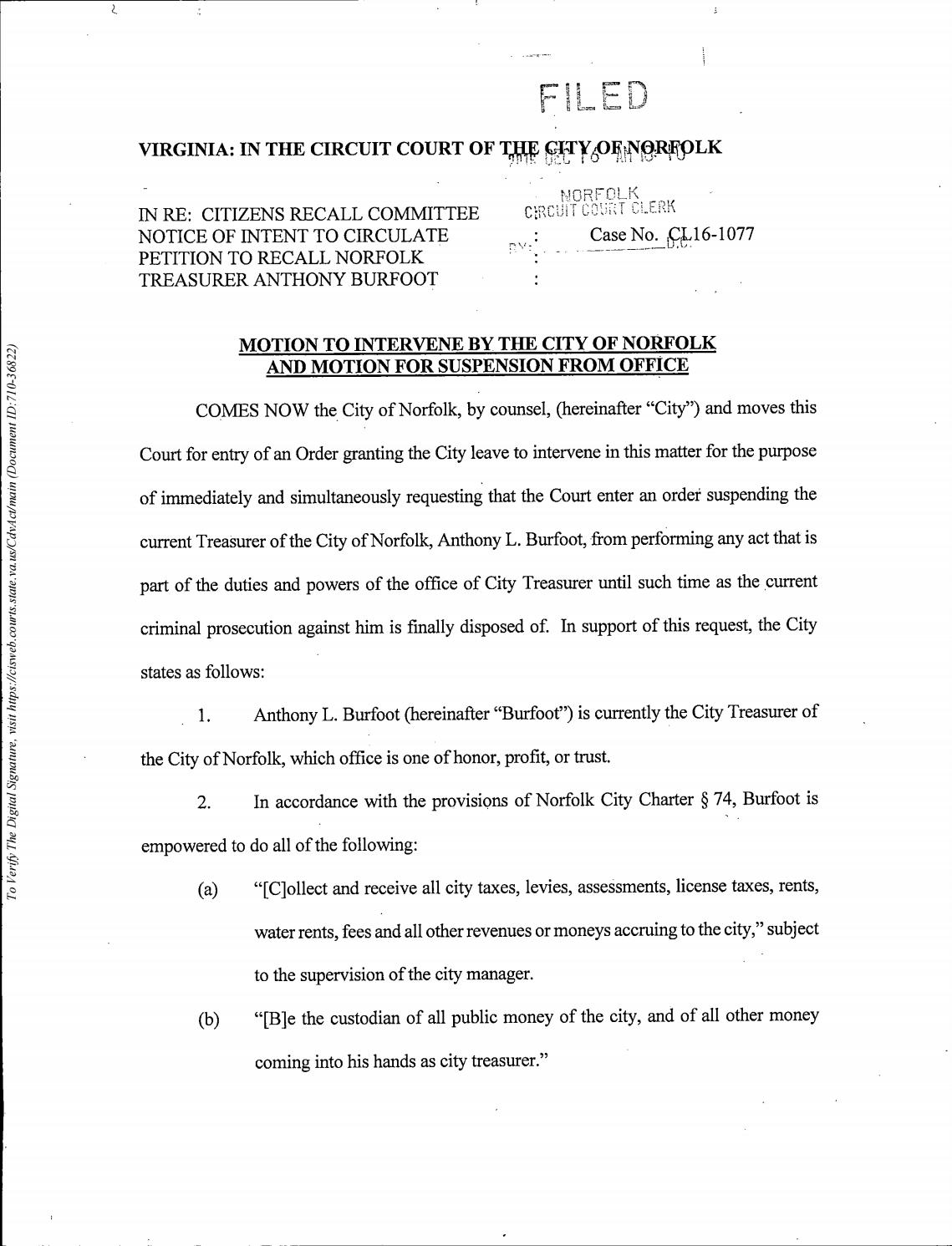 City Attorney Files motion to suspend Treasurer
