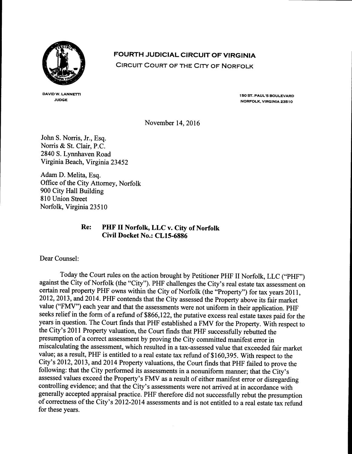Phf ii norfolk, llc v city of norfolk