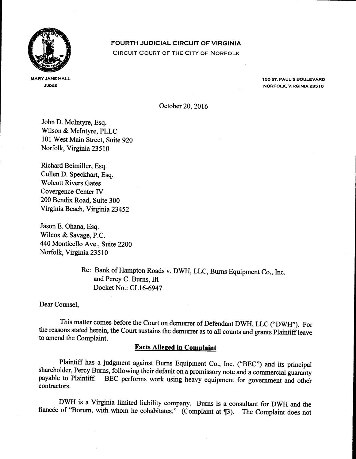 Bank of hampton roads v dwh, et al