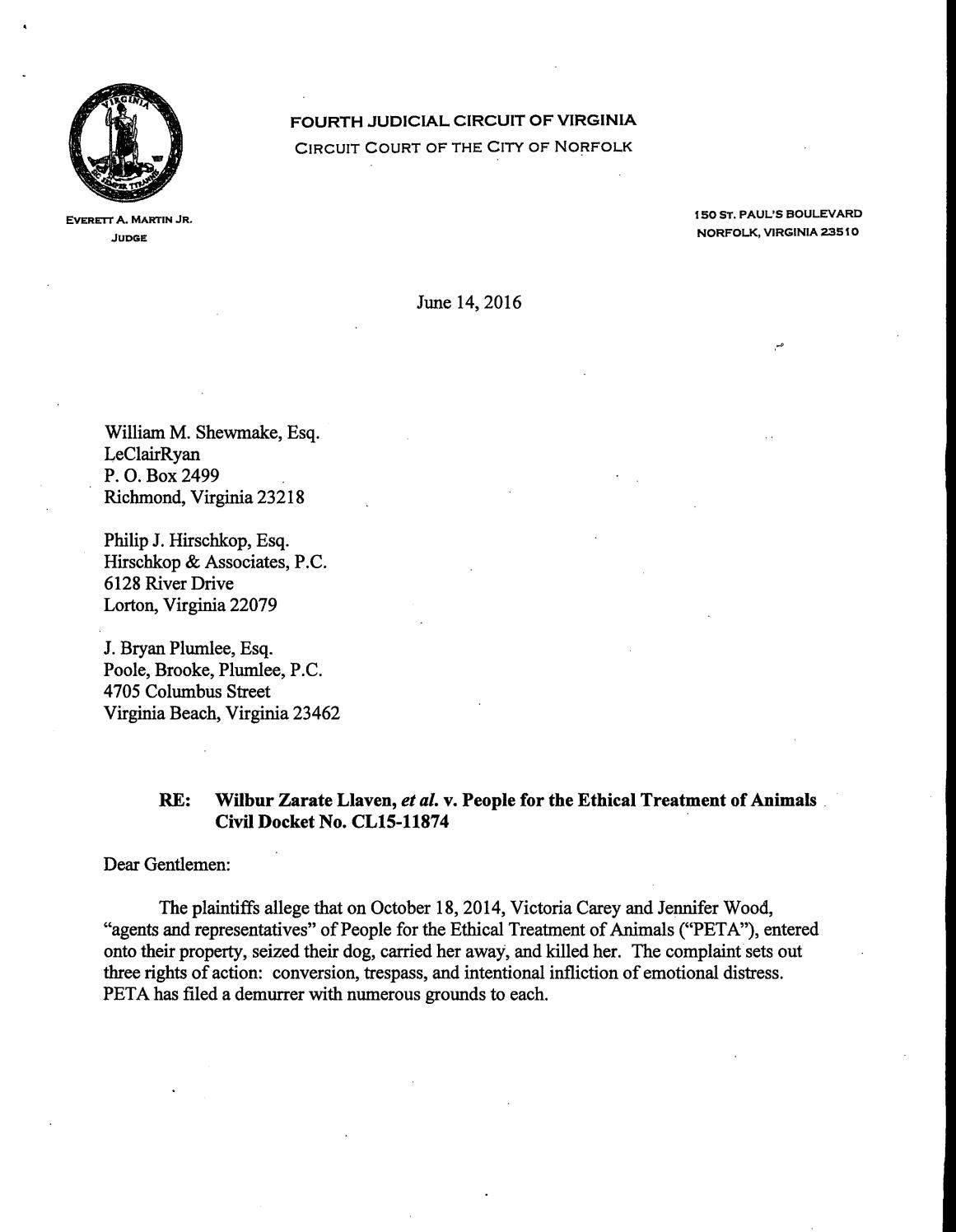 Wilbur zarate llaven, et al v people for the ethical treatment of animals