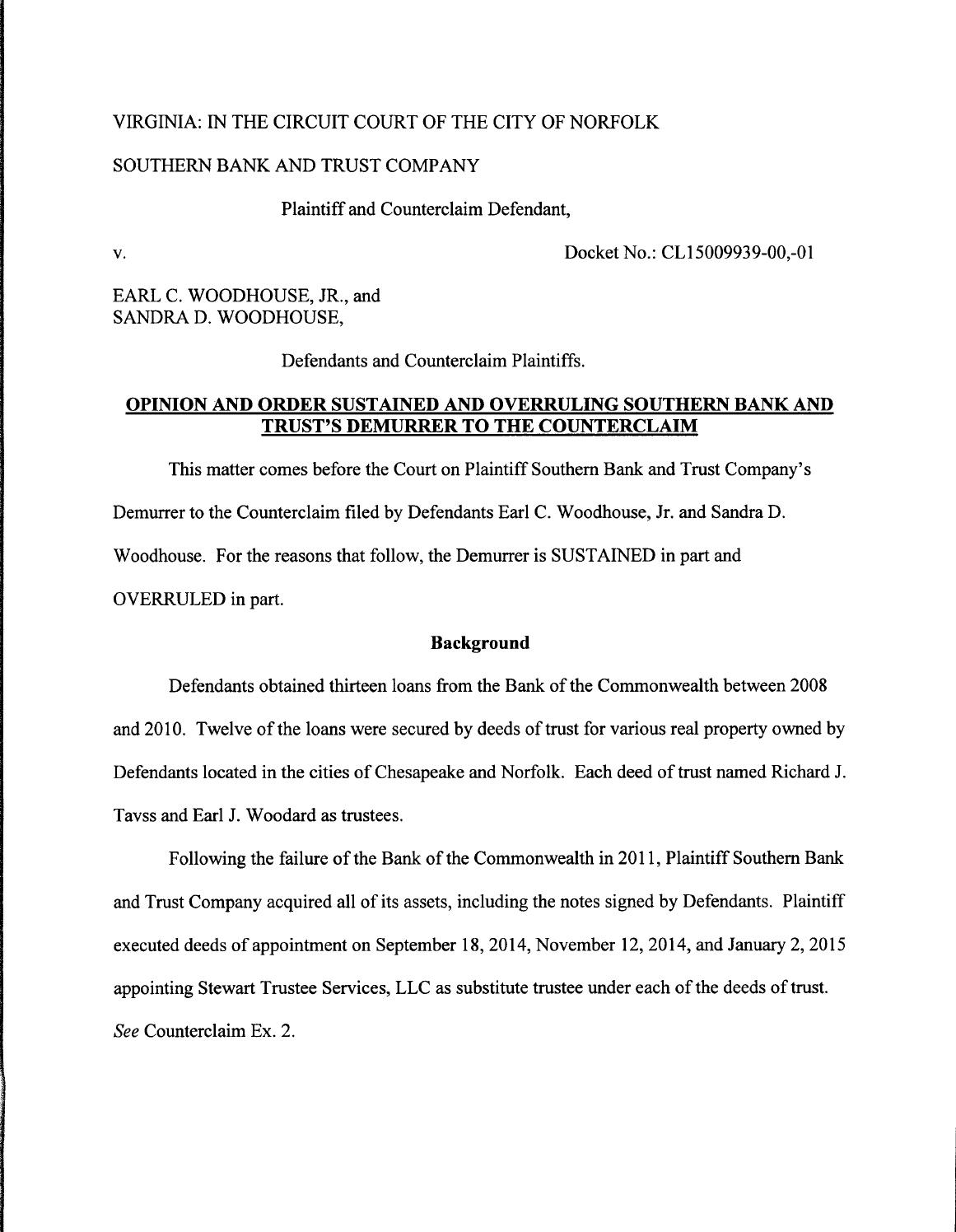 Southern bank and trust v woodhouse