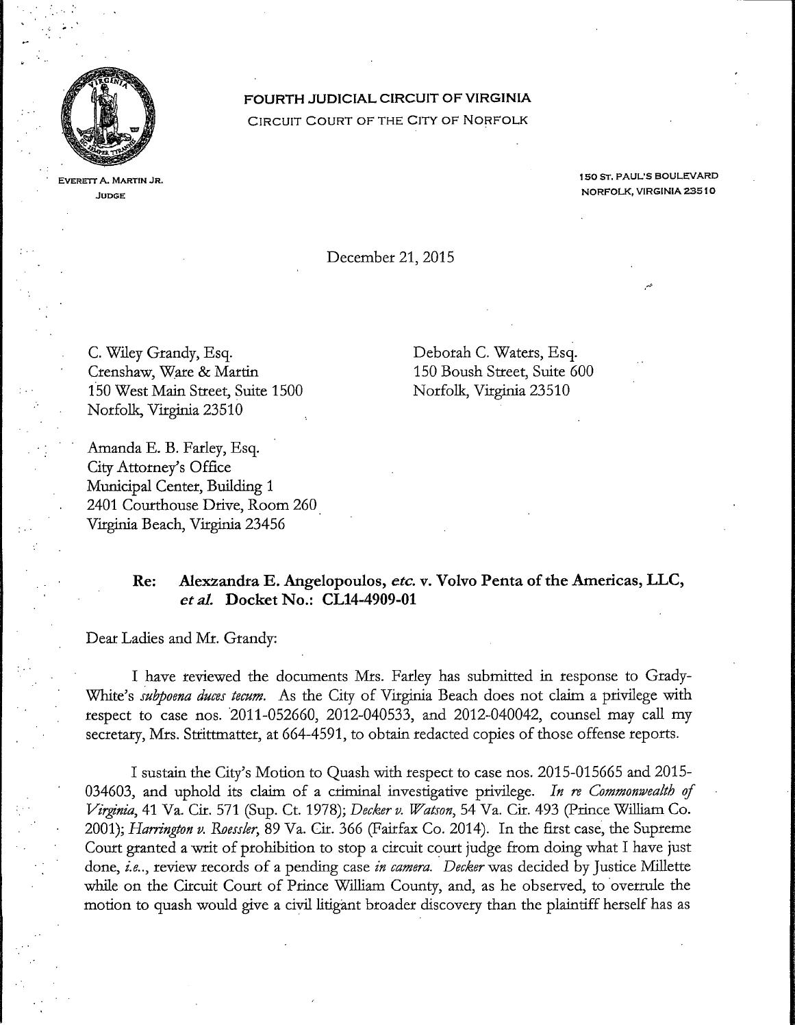 Alexzandra angelopoulos, etc v volvo penta of the americas, llc, et al motion to quash