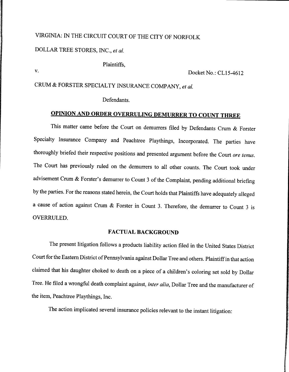 Dollar tree stores v crum & forster specialty ins co