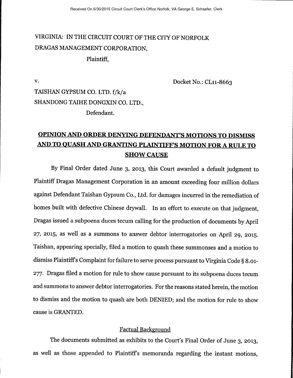 Dragasmanagementcorporation v taishangypsum