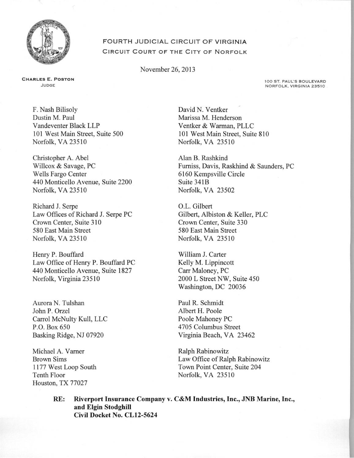 Riverport opinion letter 11 26 13 re demurrer