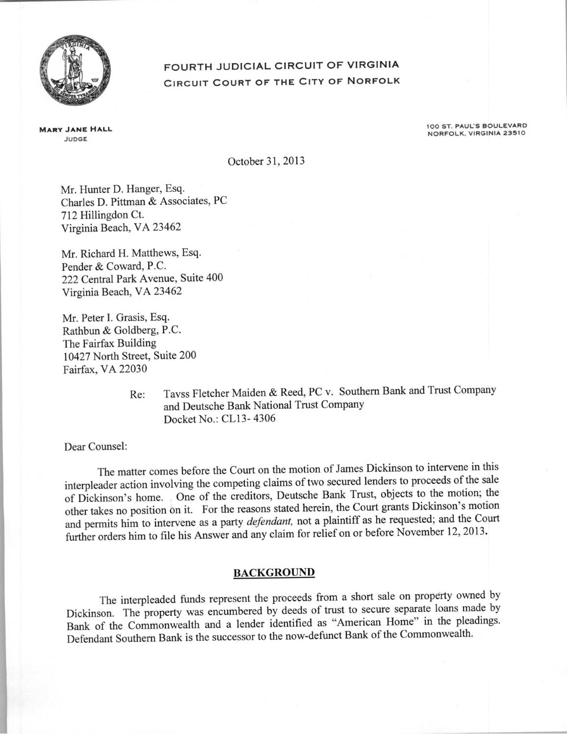 Tavss fletcher v southern bank et al