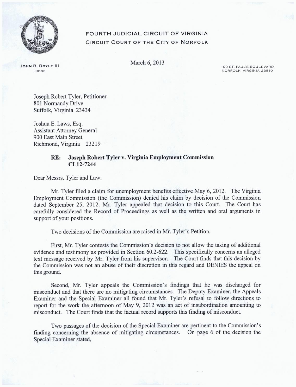 Tyler v vaemploymentcommission
