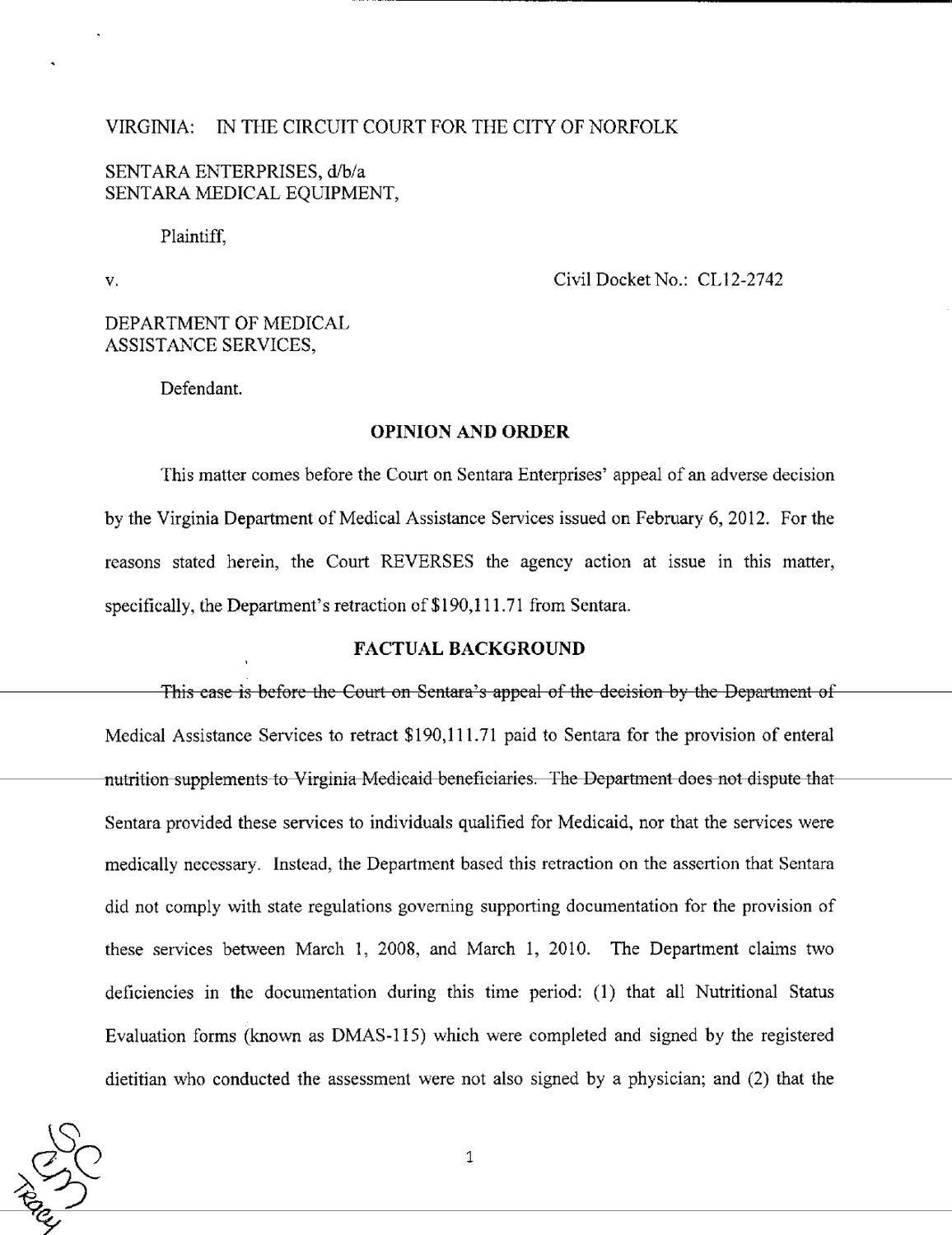 Sentara v Department of Medicine