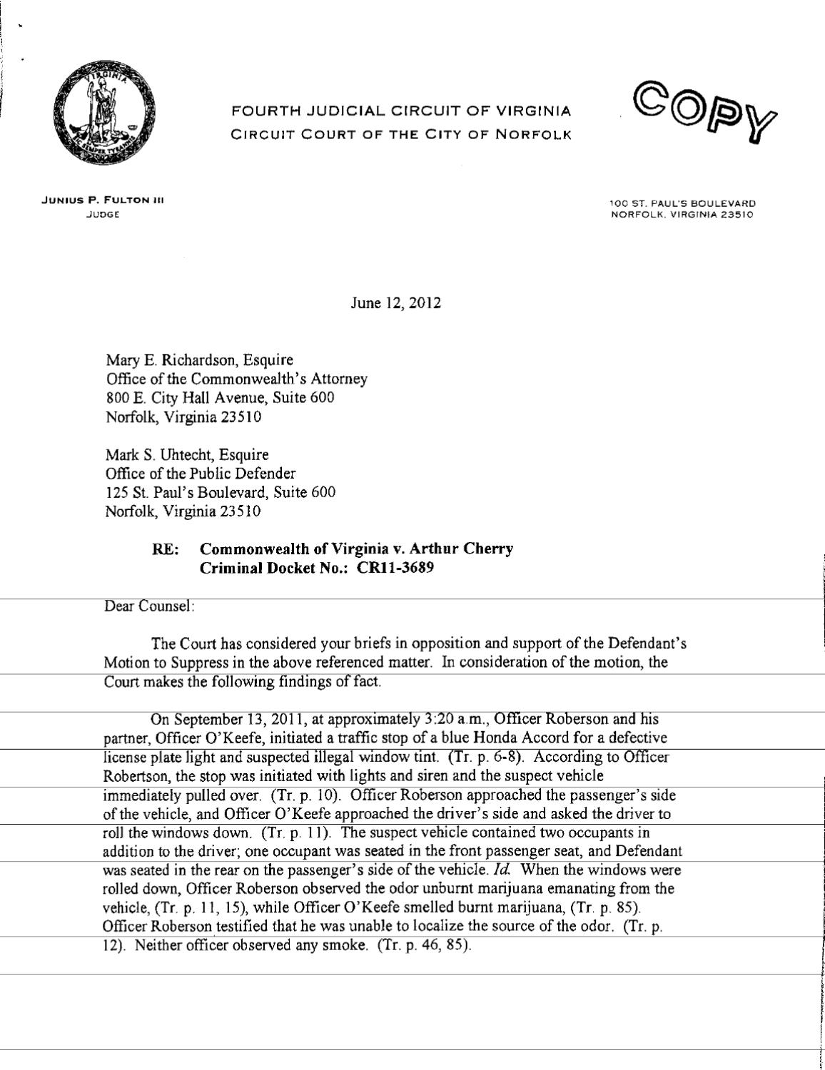Commonwealth of Virginia v. Arthur Cherry