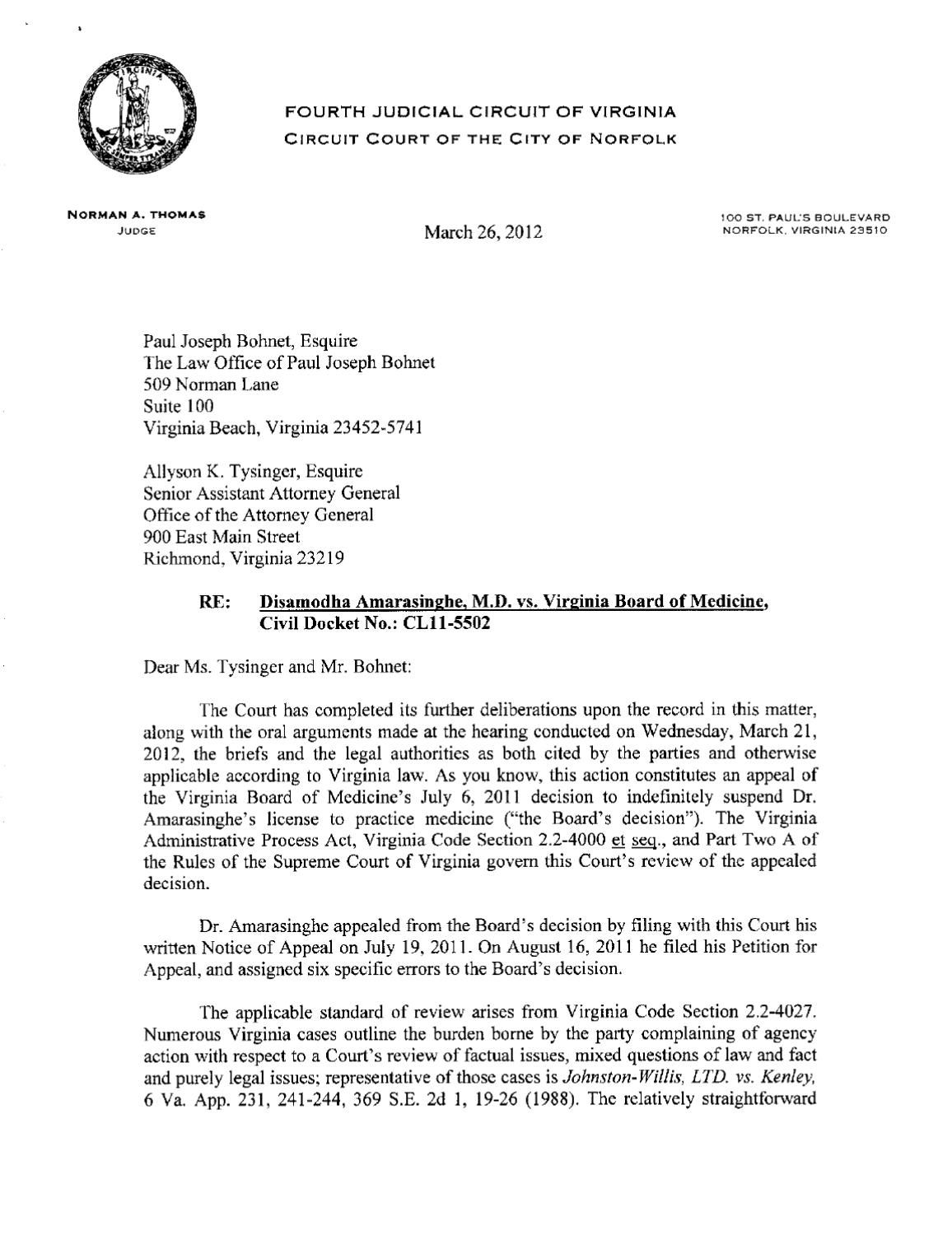 Amarasinghe vs Virginia Board of Medicine