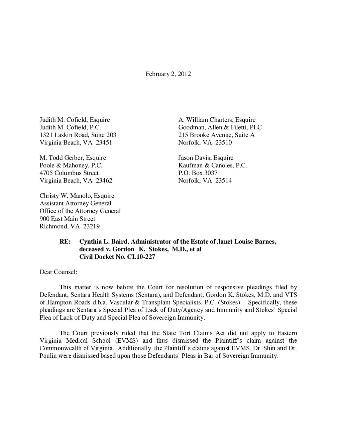 Baird v Stokes Opinion Letter
