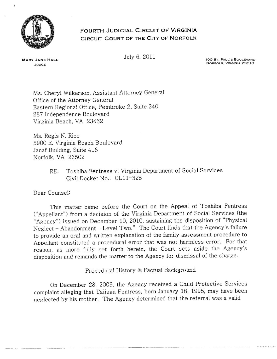 Fentress v VA Department of Social Services