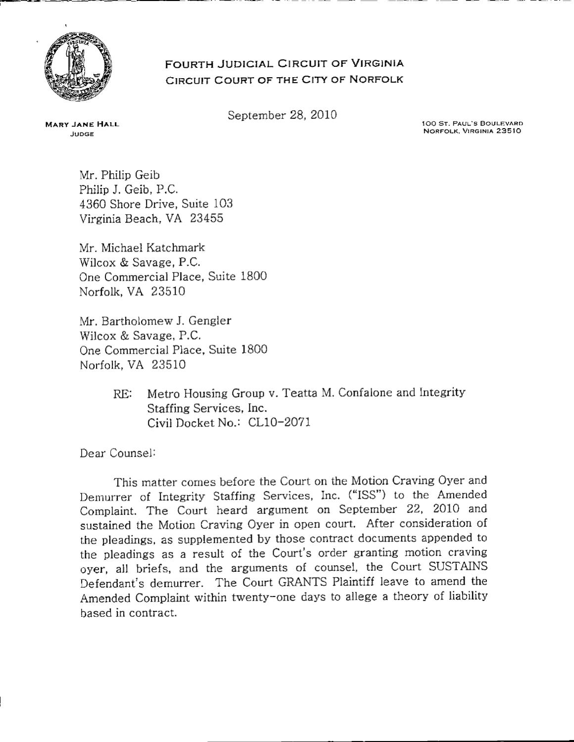 Metro Housing Group v Confalone