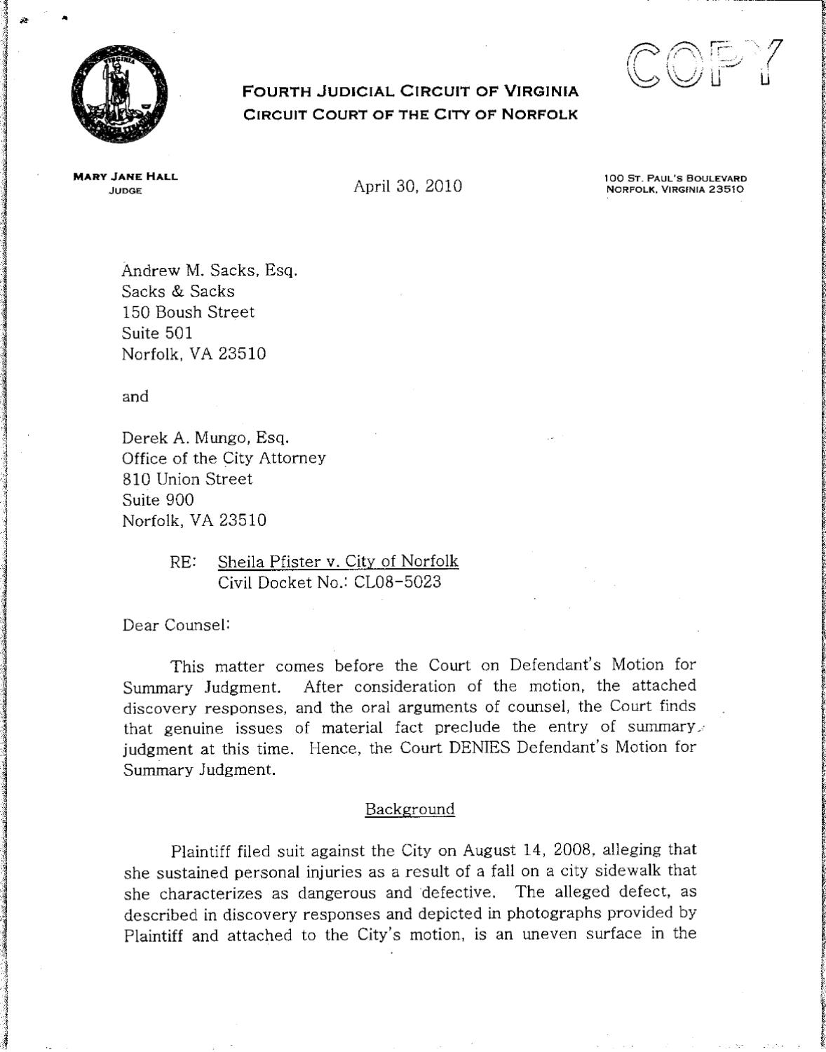 Pfister v City of Norfolk