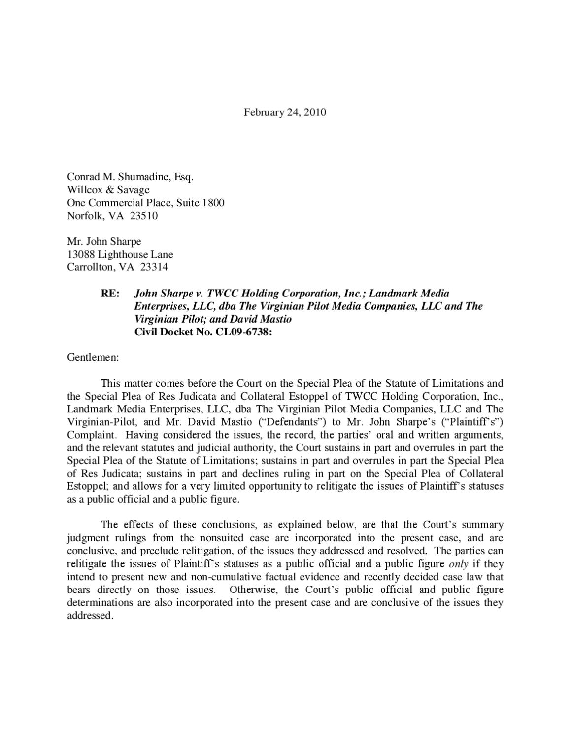 Letter to Parties – Opinion in Sharp v Landmark