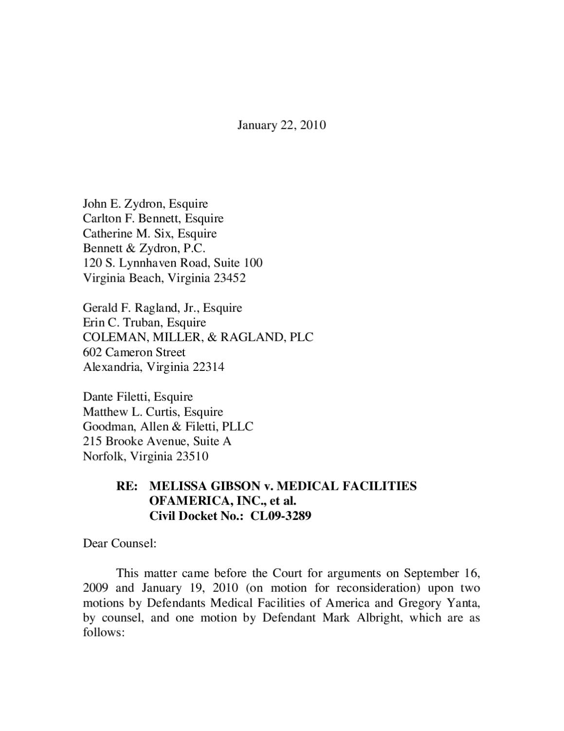 Gibson v Medical Facilites – Revised