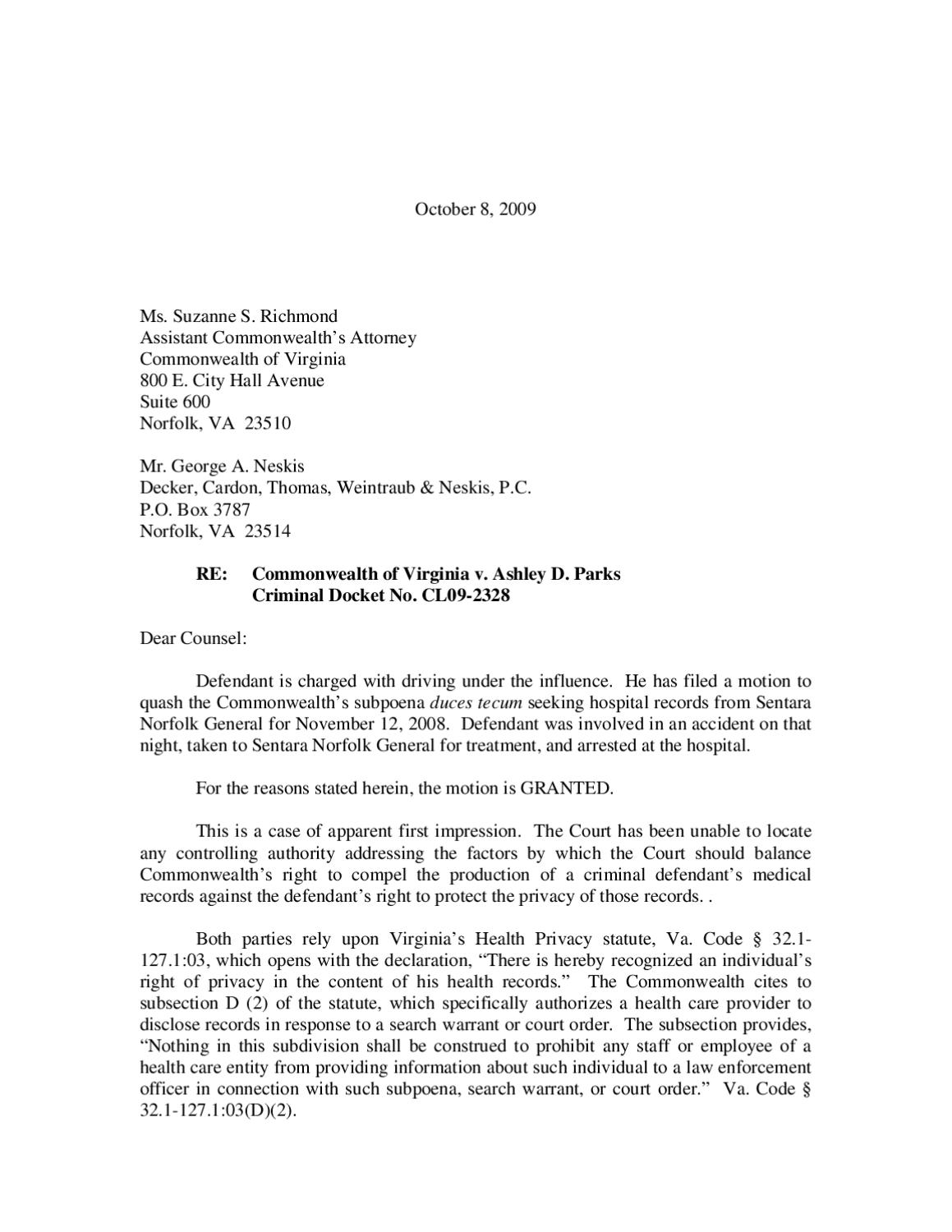 Commonwealth of Virginia v Parks