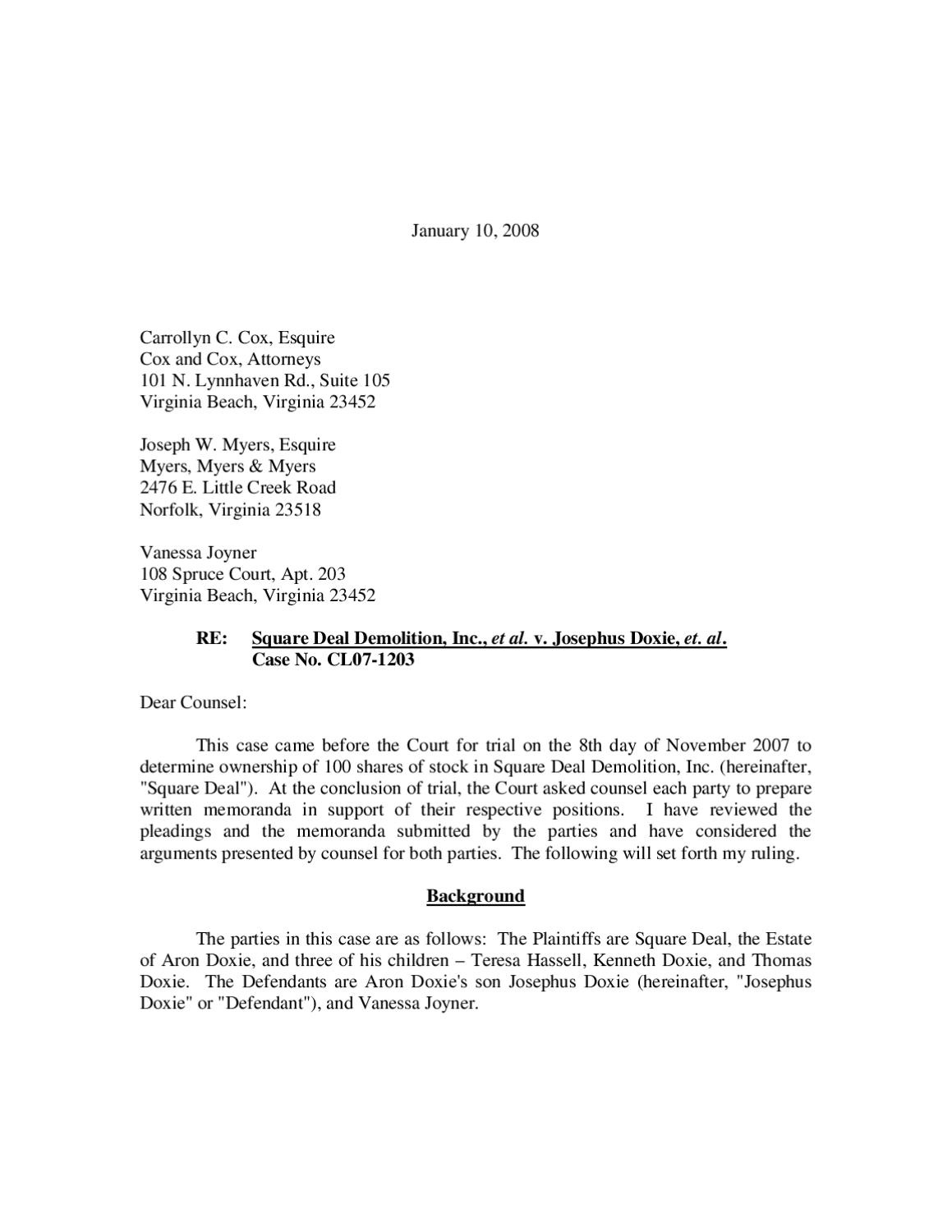 Square Deal v Moxie Opinion Letter