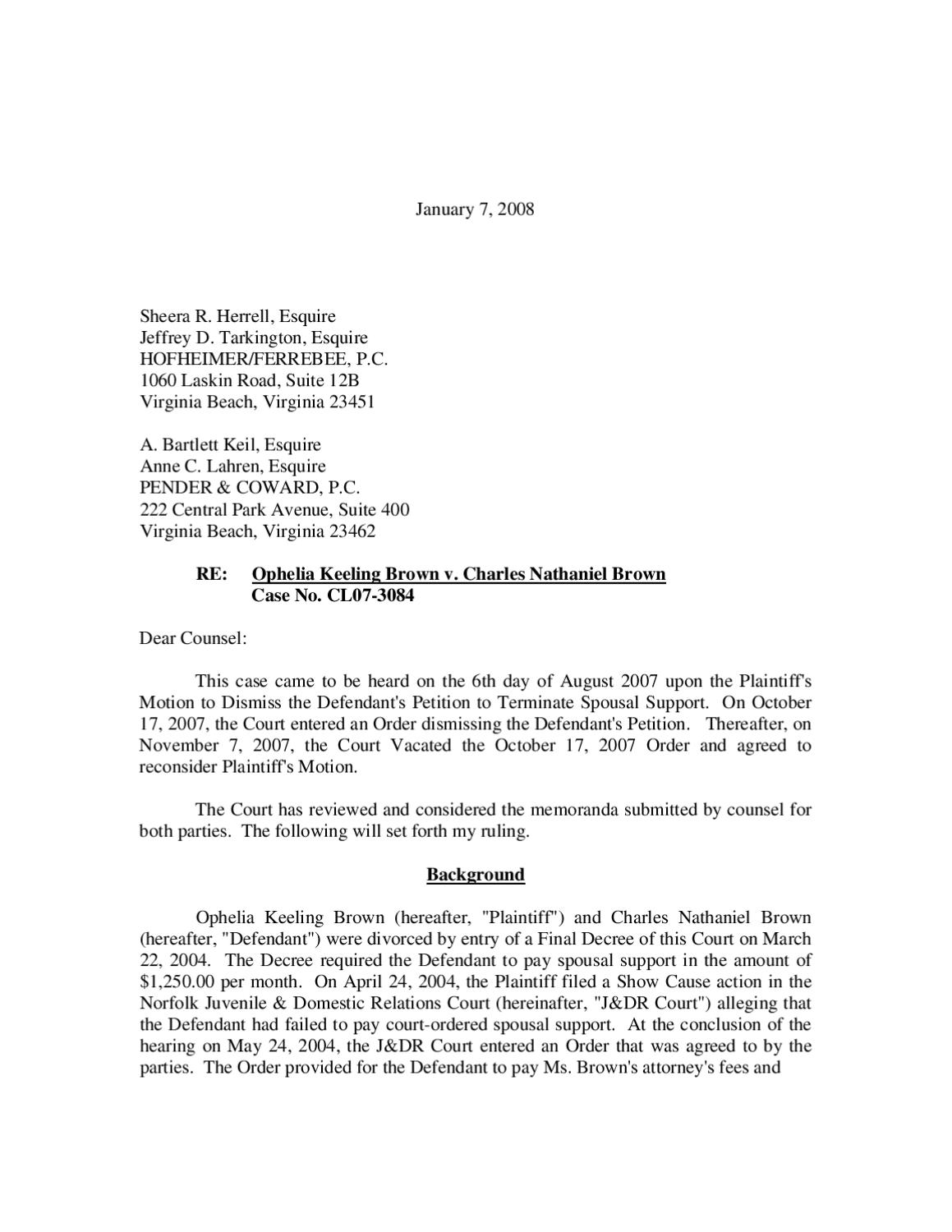 Brown v Brown Letter to Attorneys