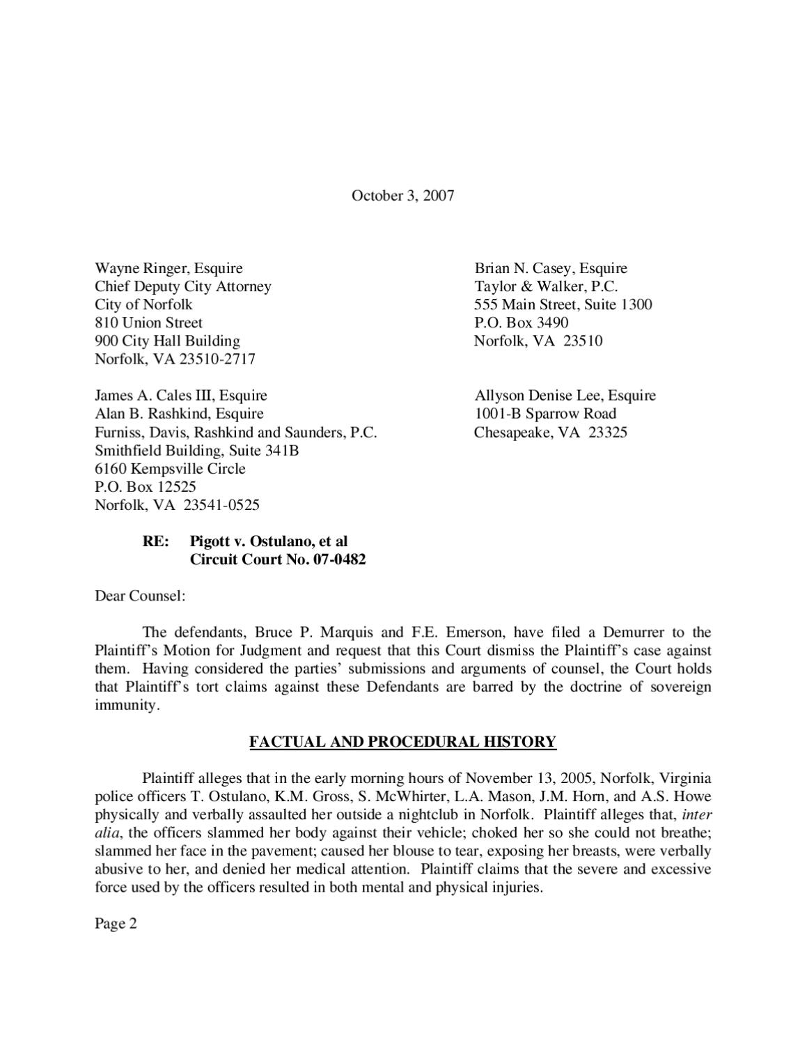 Pigott v Ostulano Opinion Letter