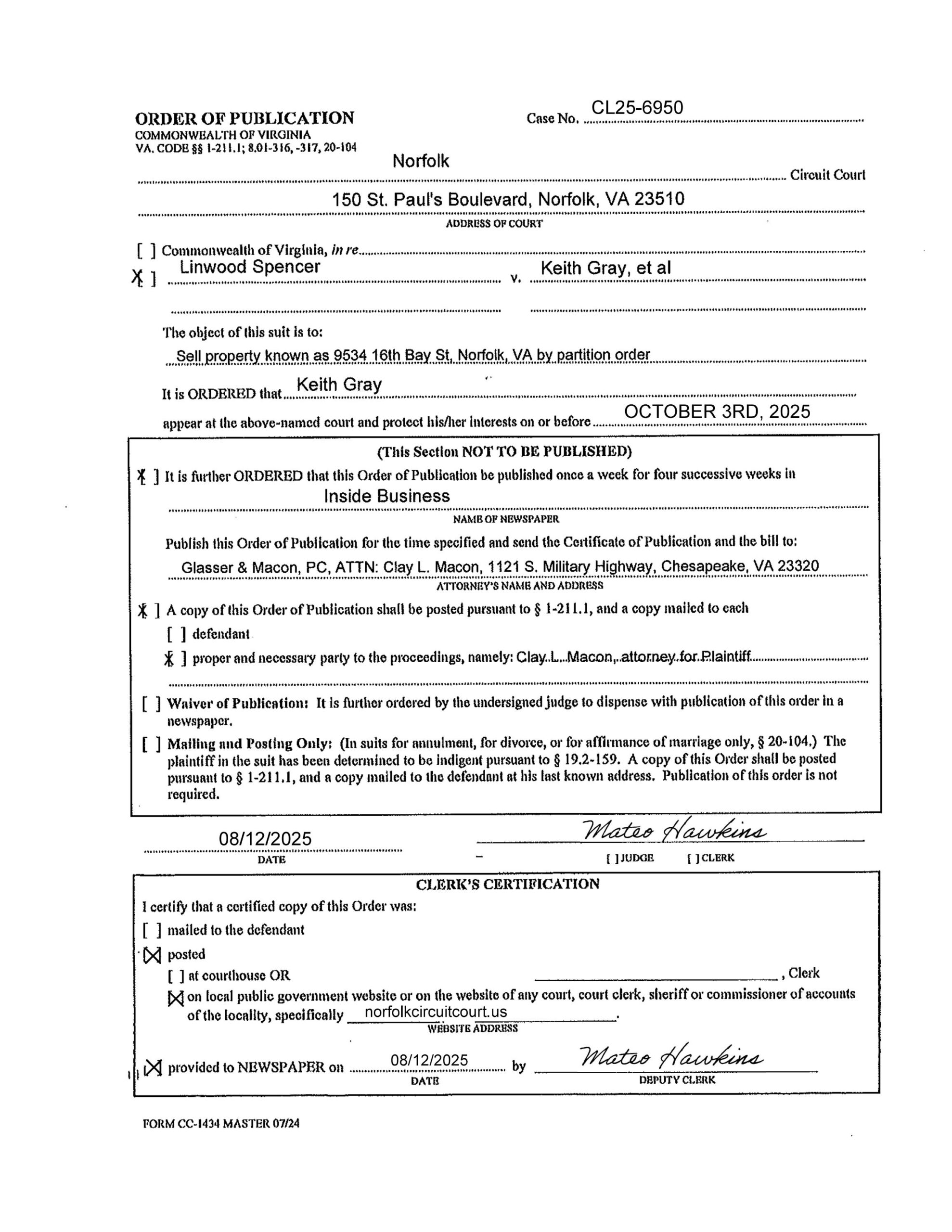 CL25-6950 Order of Publication