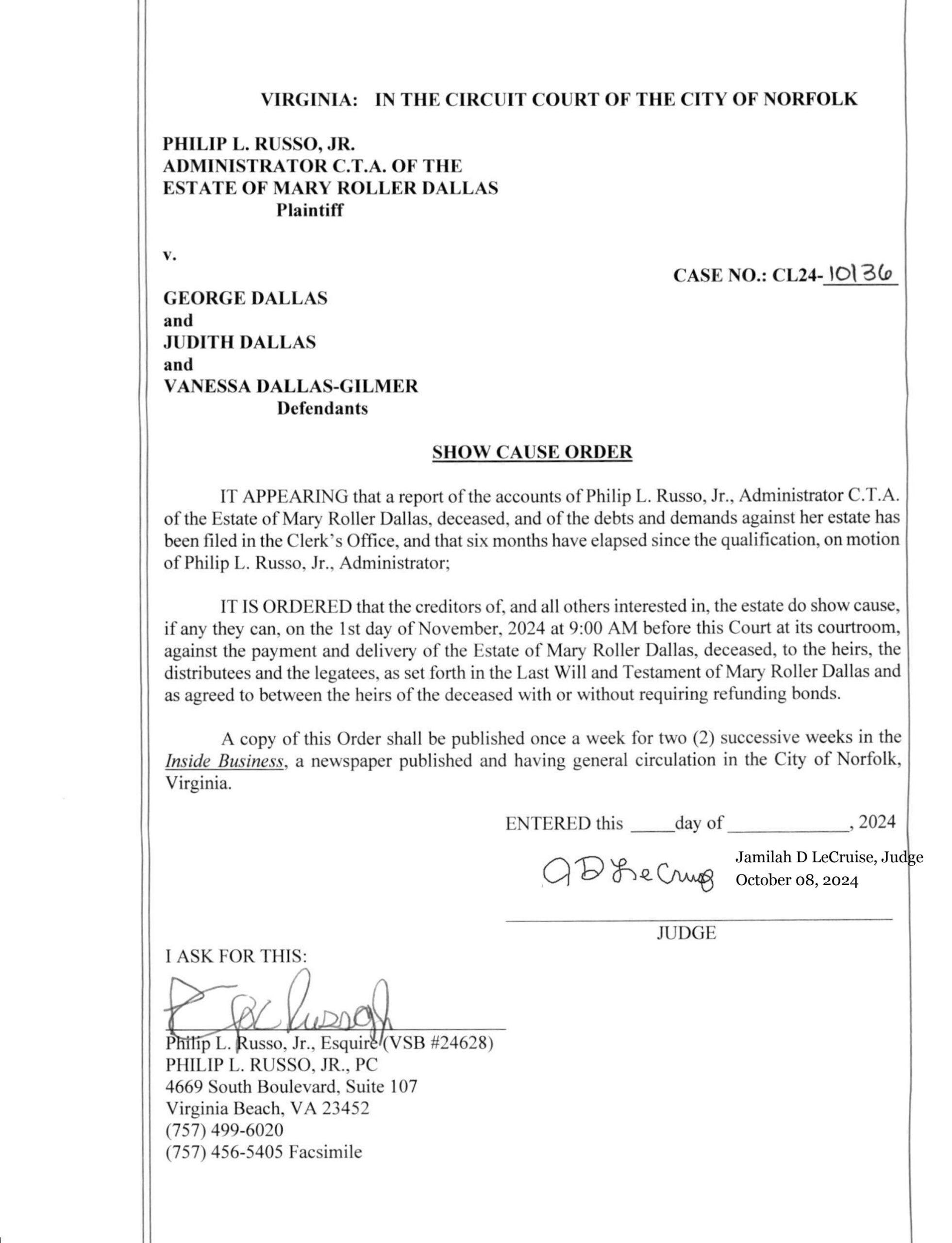 CL24-10136 Show Cause Order