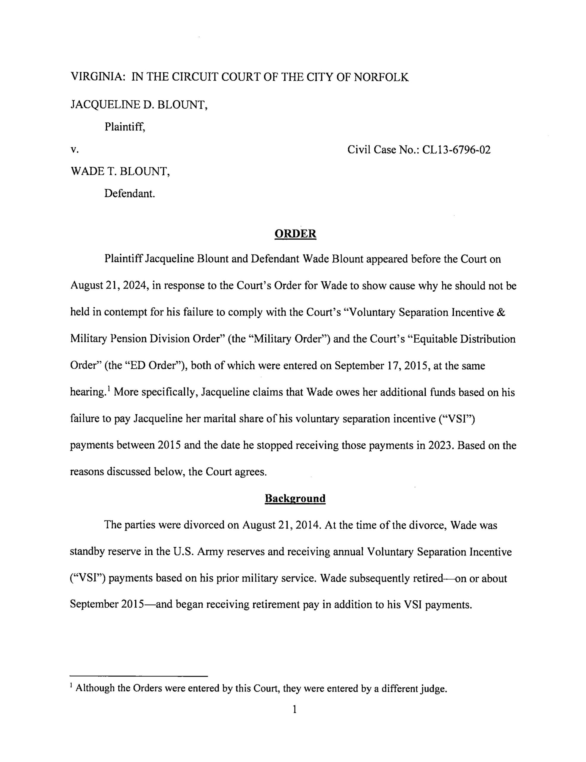 CL13-6796-02 Jacqueline D. Blount v. Wade T. Blount