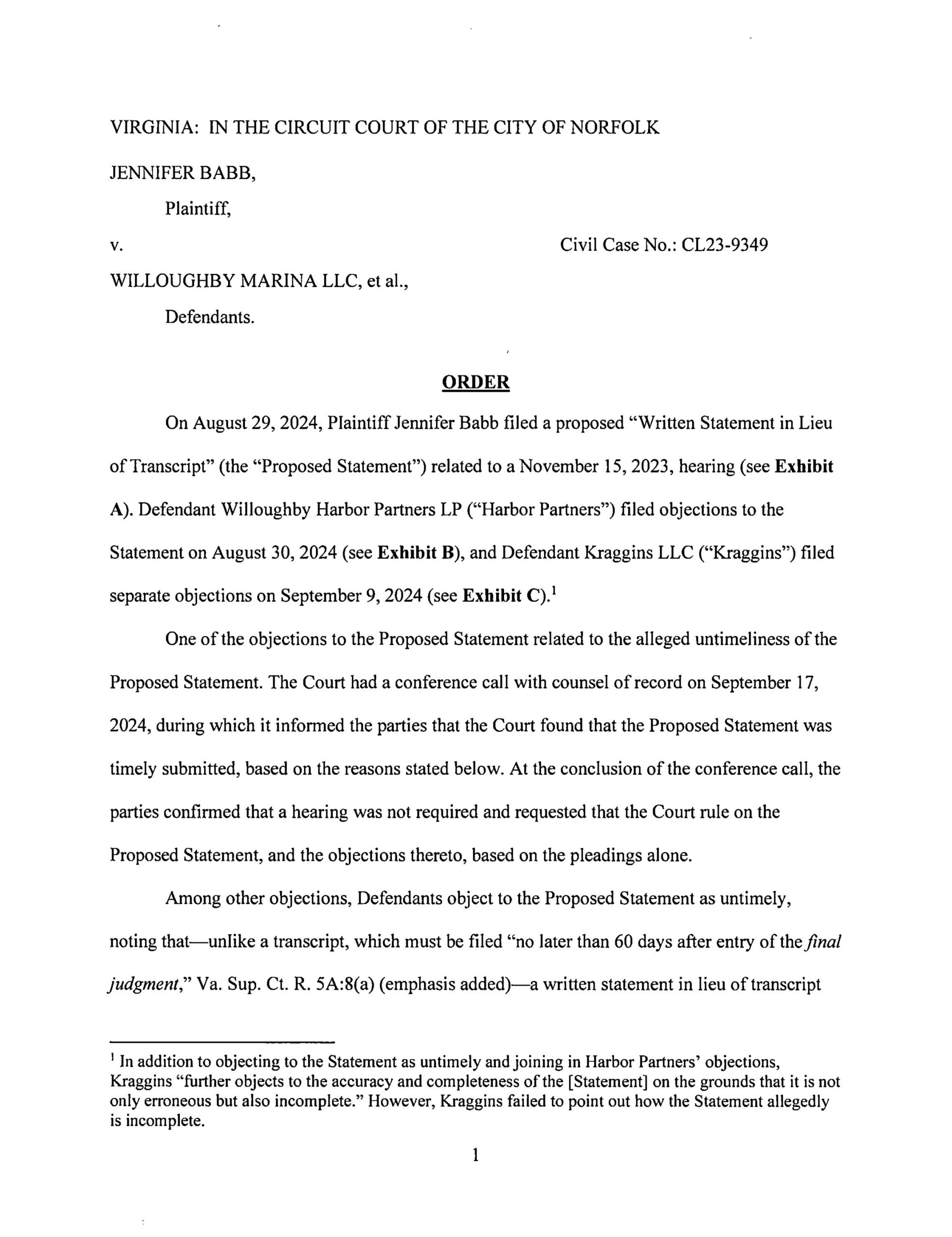 CL23-9349 Jennifer Babb v. Willoughby Marina LLC, et al. Order signed September 17, 2024 Judge David