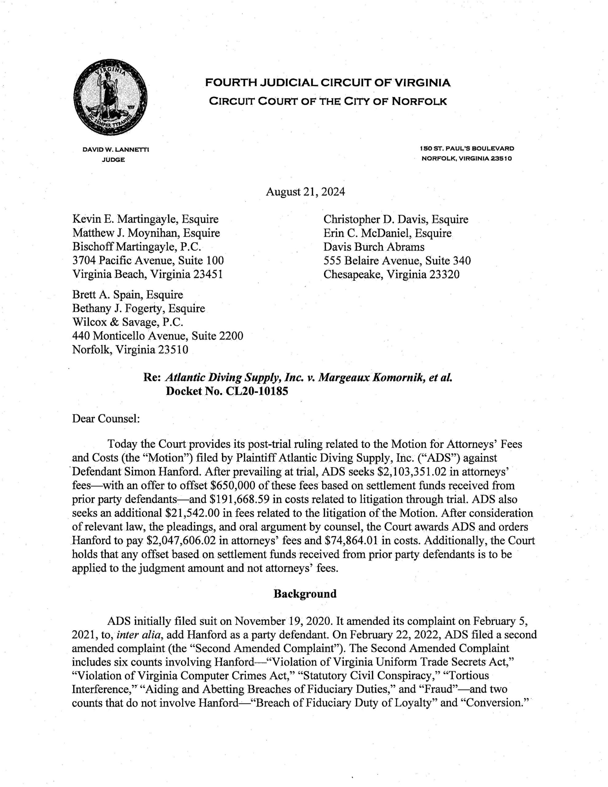 Atlantic Diving Supply, Inc. v. Margeaux Komornik, et al.