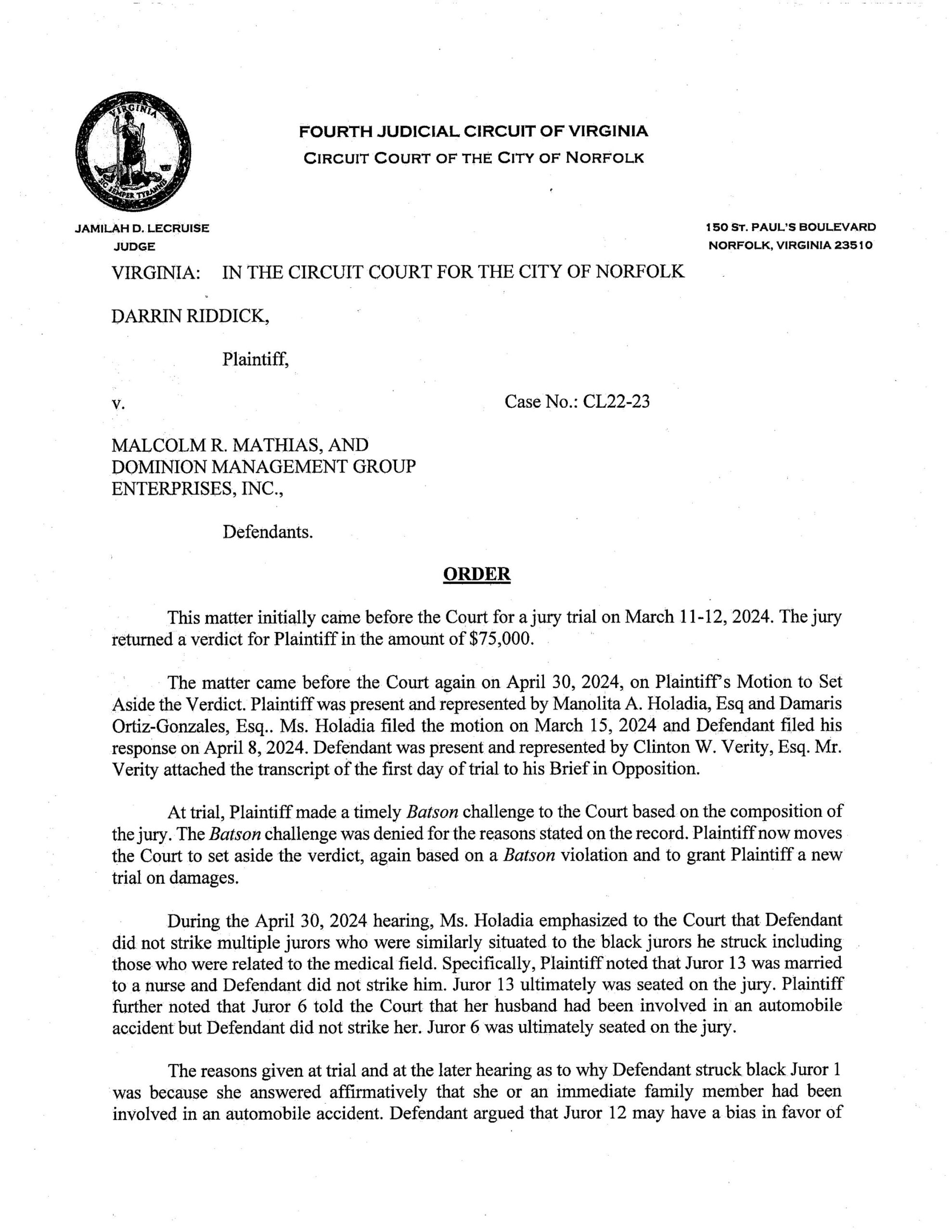 Darrin Riddick v. Malcolm R. Mathias, et al.