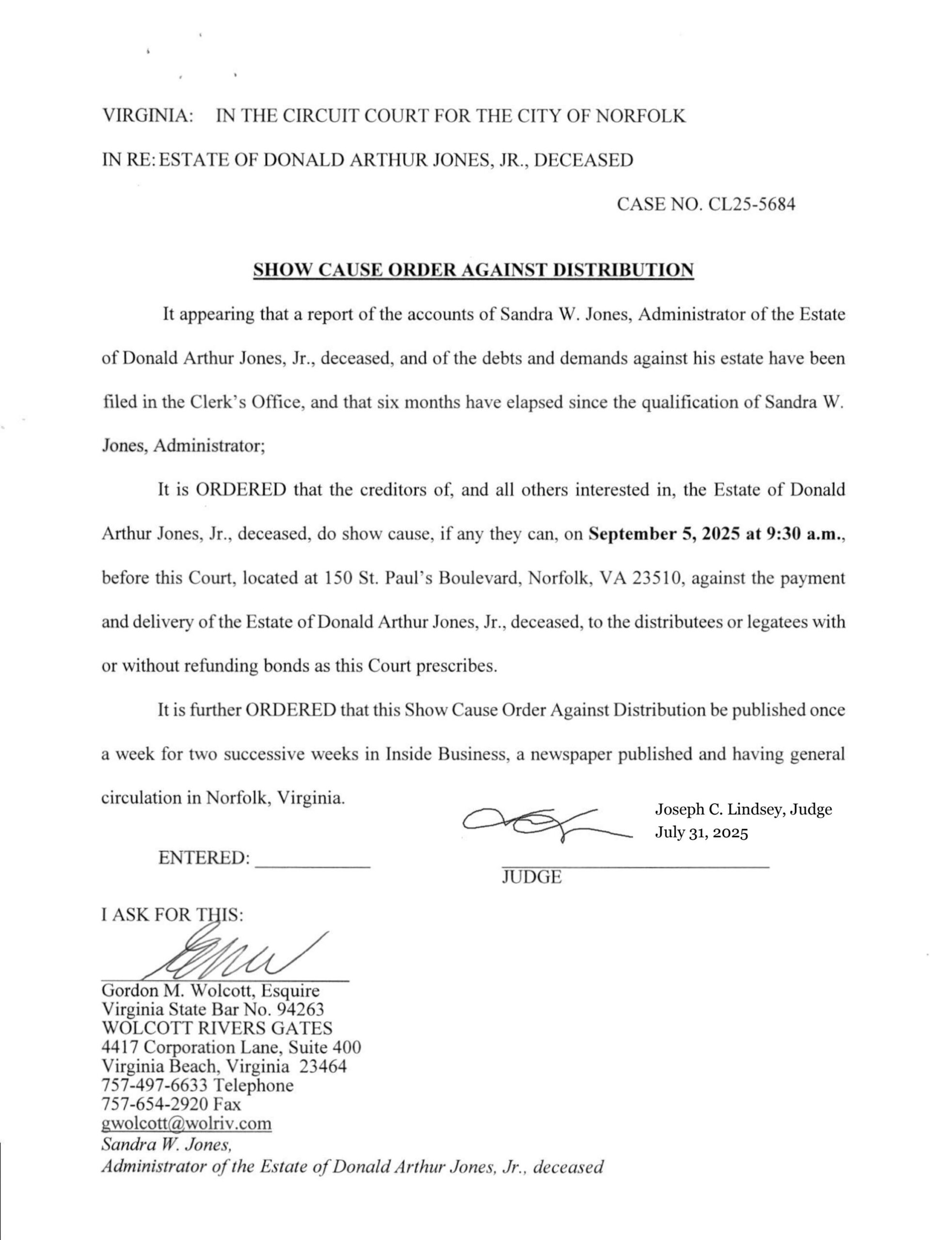 CL25-5684 Show Cause Order against Distribution