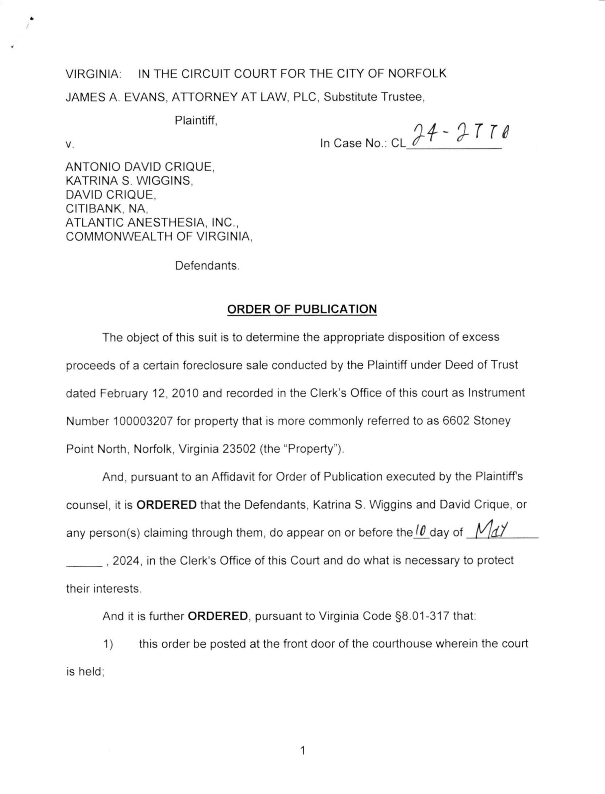 CL24-2770 ORDER OF PUBLICATION