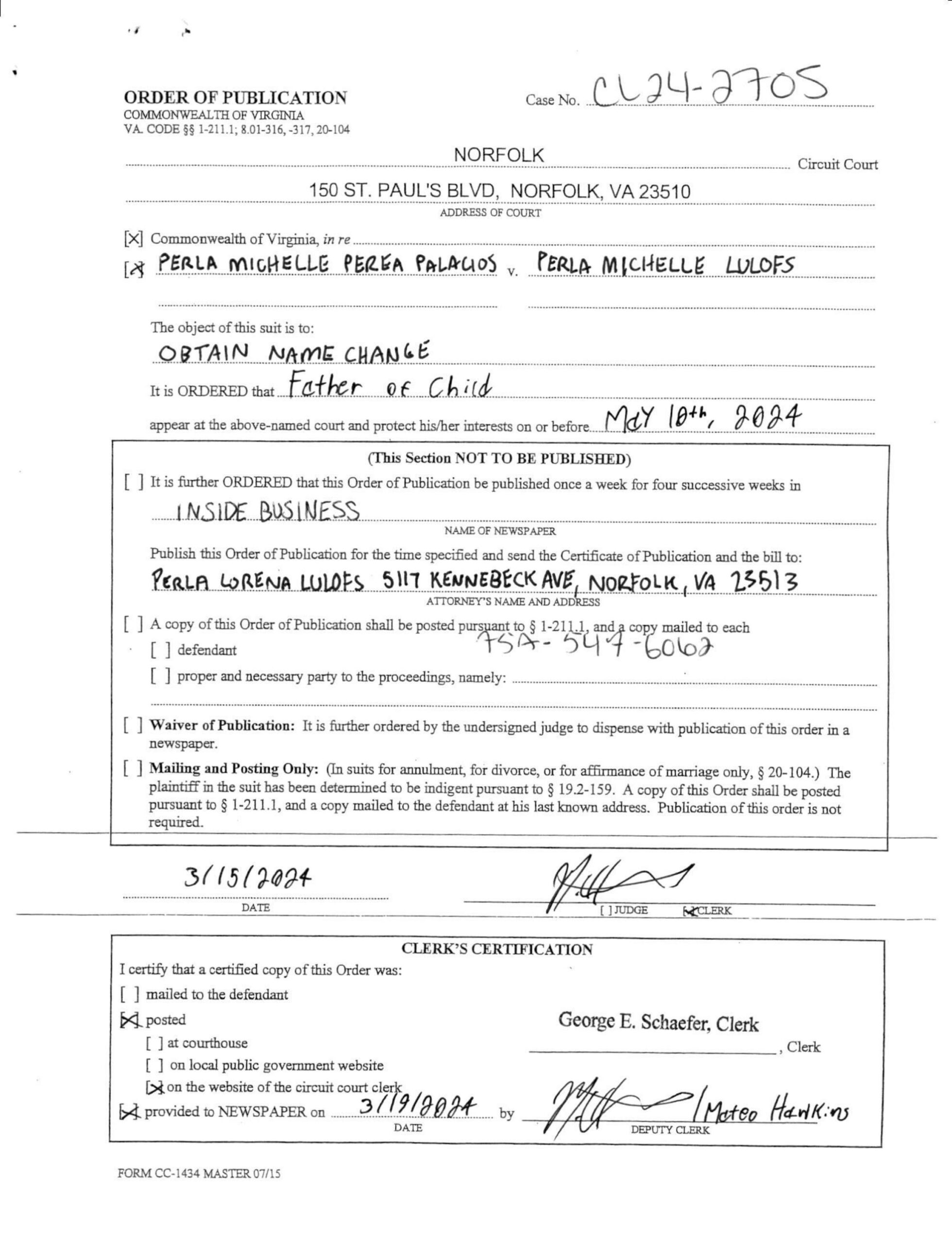 CL24-2705 ORDER OF PUBLICATION