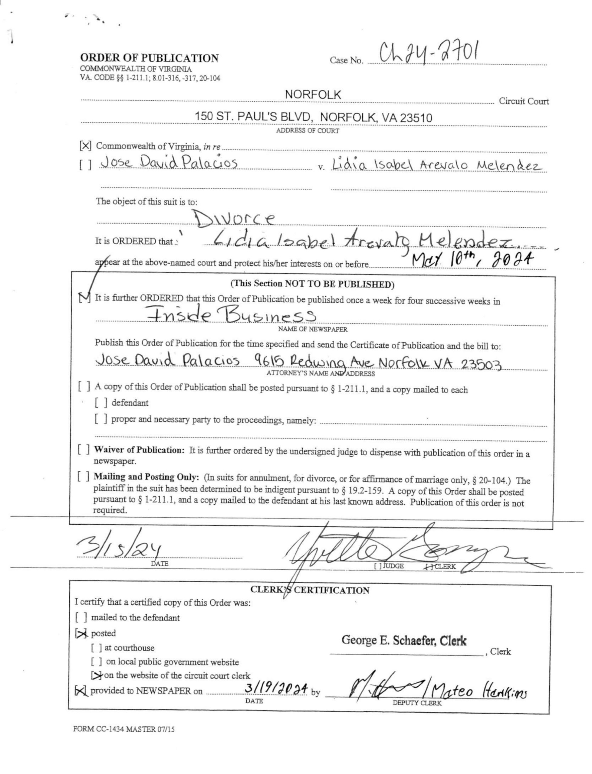 CL24-2701 ORDER OF PUBLICATION