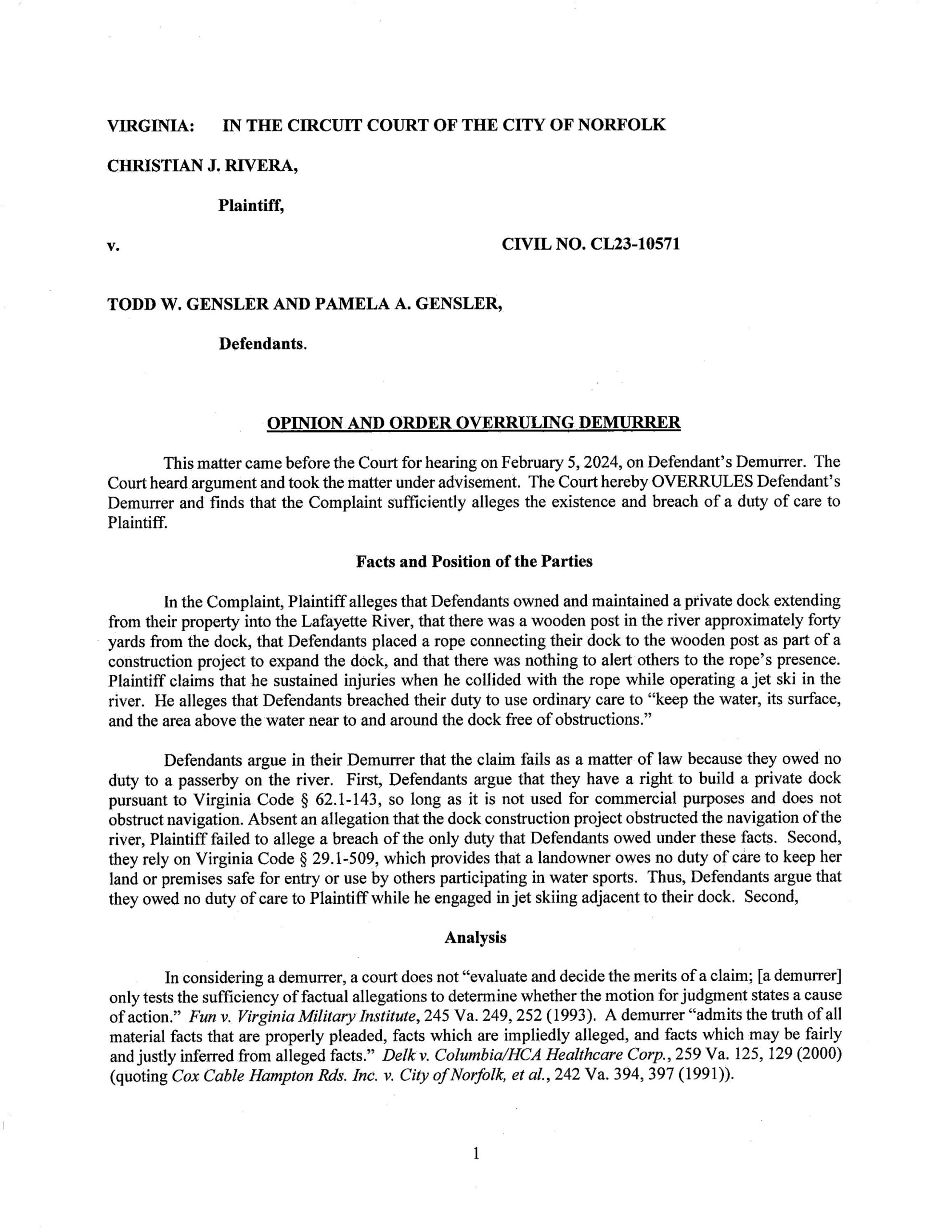 Christian Rivera v. Todd Gensler and Pamela Gensler