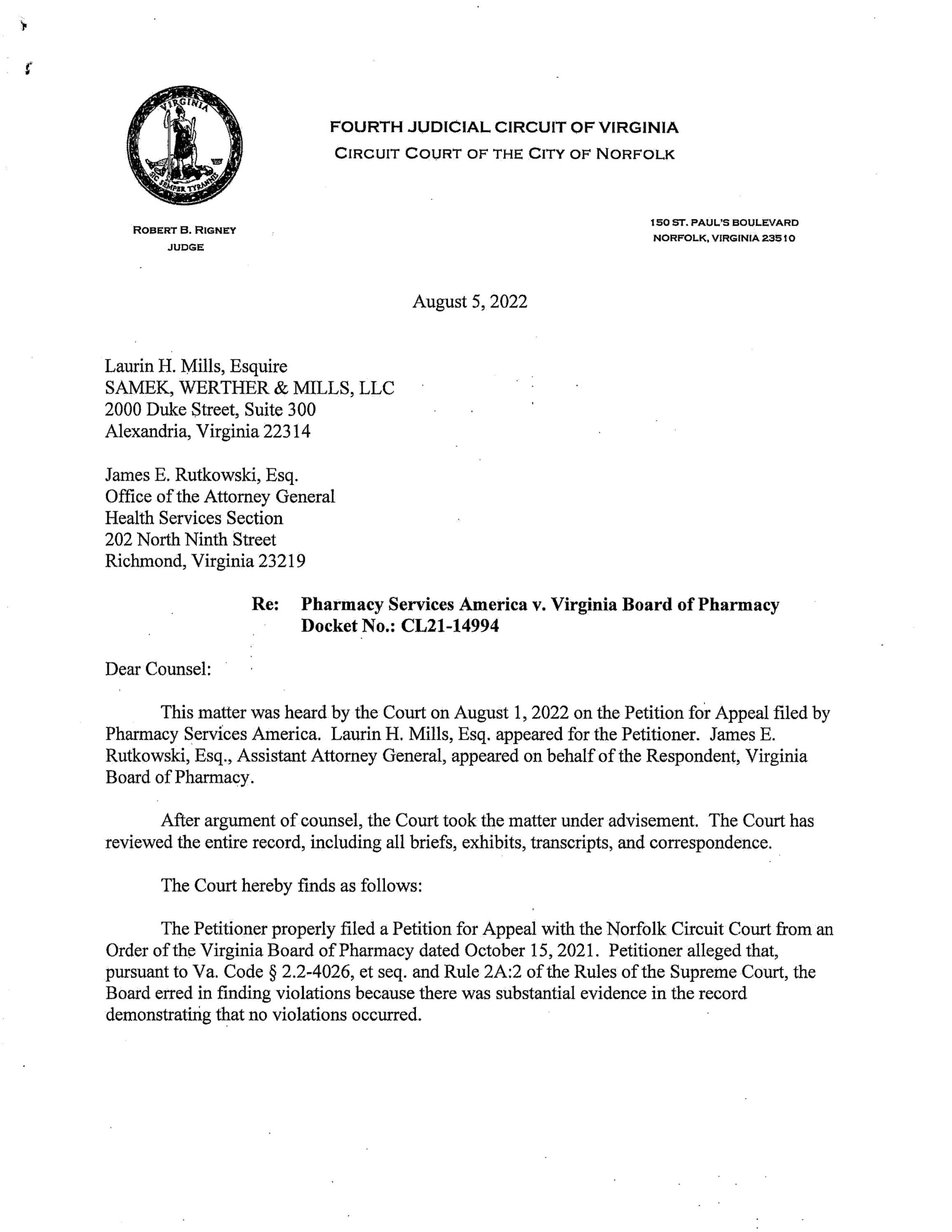 Pharmacy Services America v Virginia Board of Pharmacy   CL21-14994