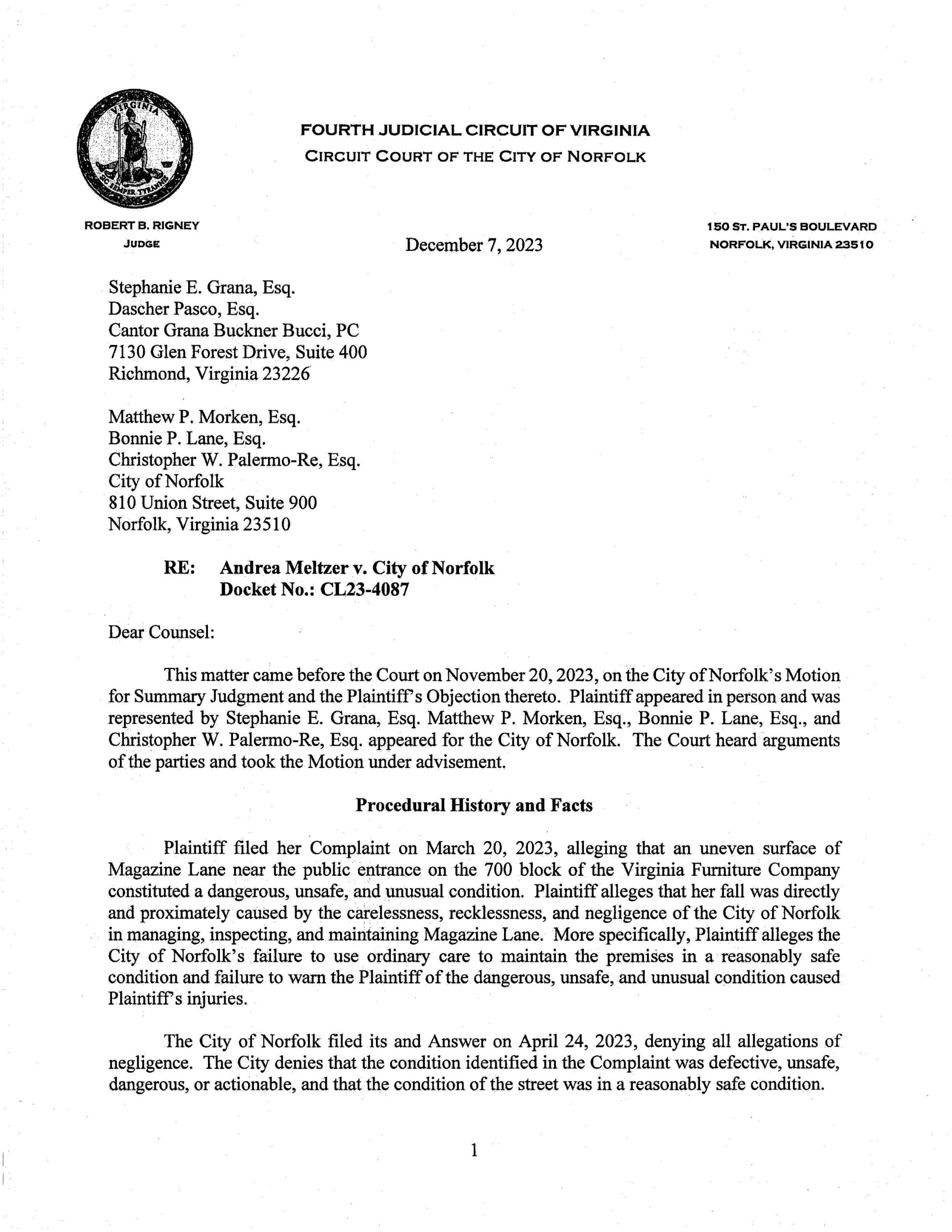 Meltzer v City of Norfolk  CL23-4087