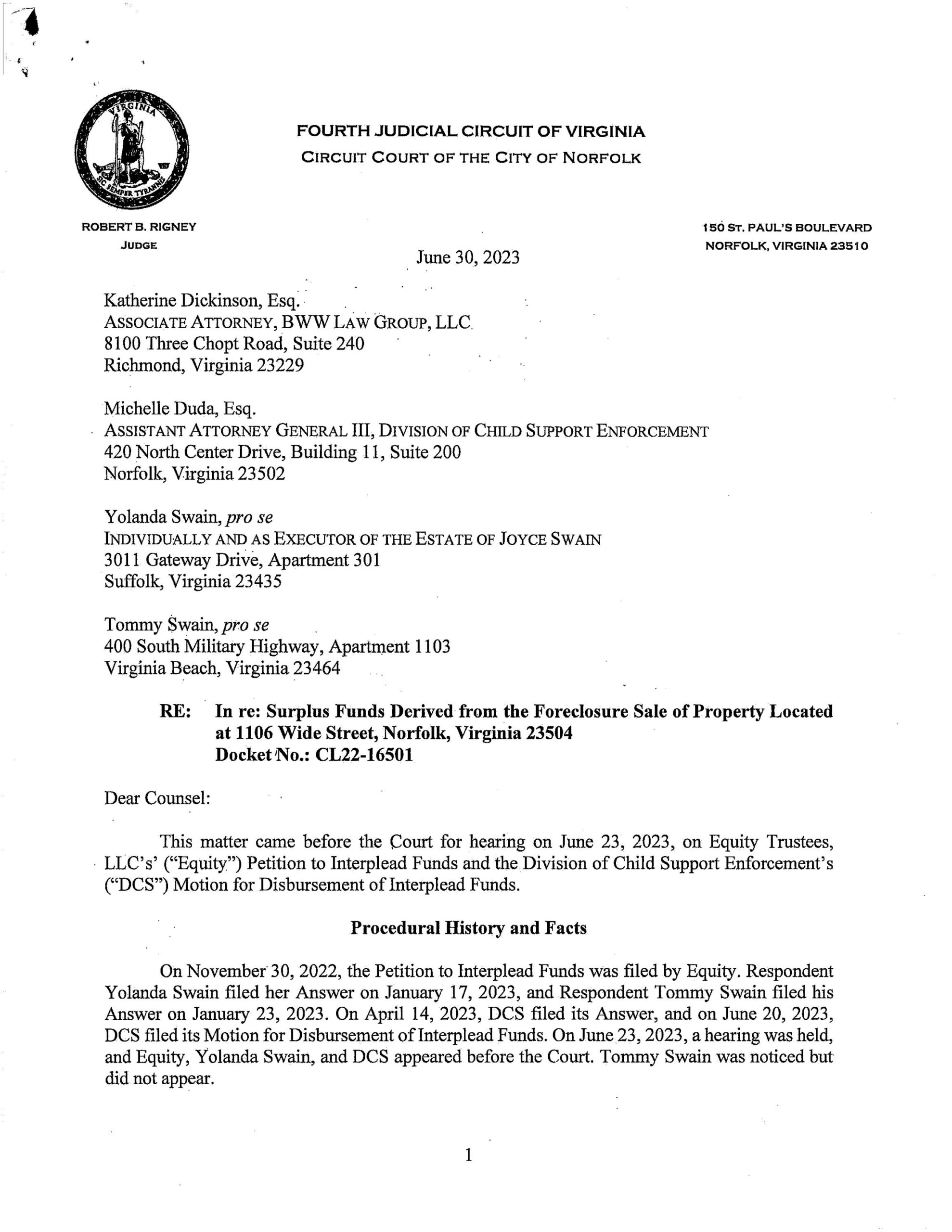 In Re  Surplus Funds Derived From the Foreclosure Sale of Property Located at 1106 Wide Street, Norf
