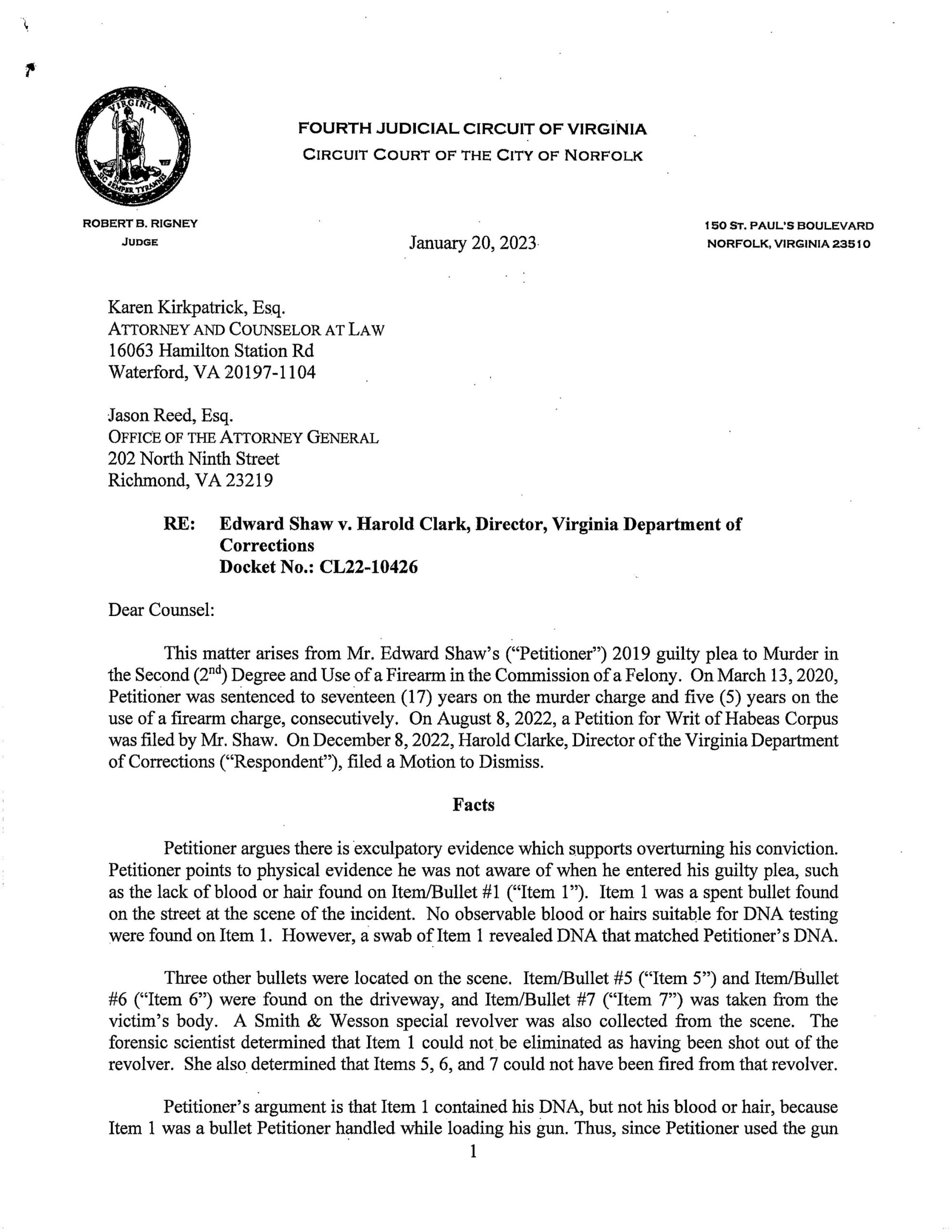 Edward Shaw v Harold Clark, Director, Virginia Dept. of Corrections   CL22-10426