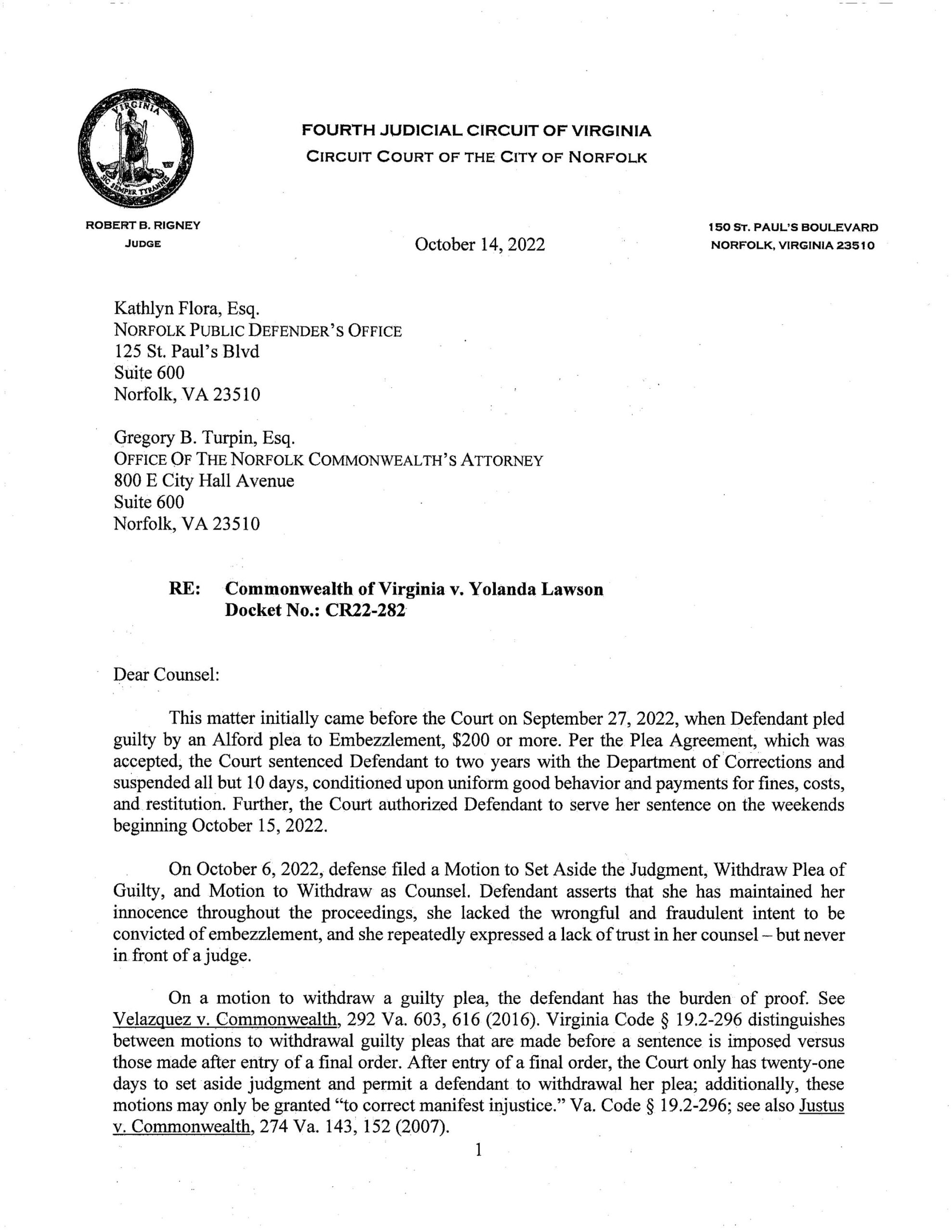 CW v Yolanda Lawson (CR22-282)