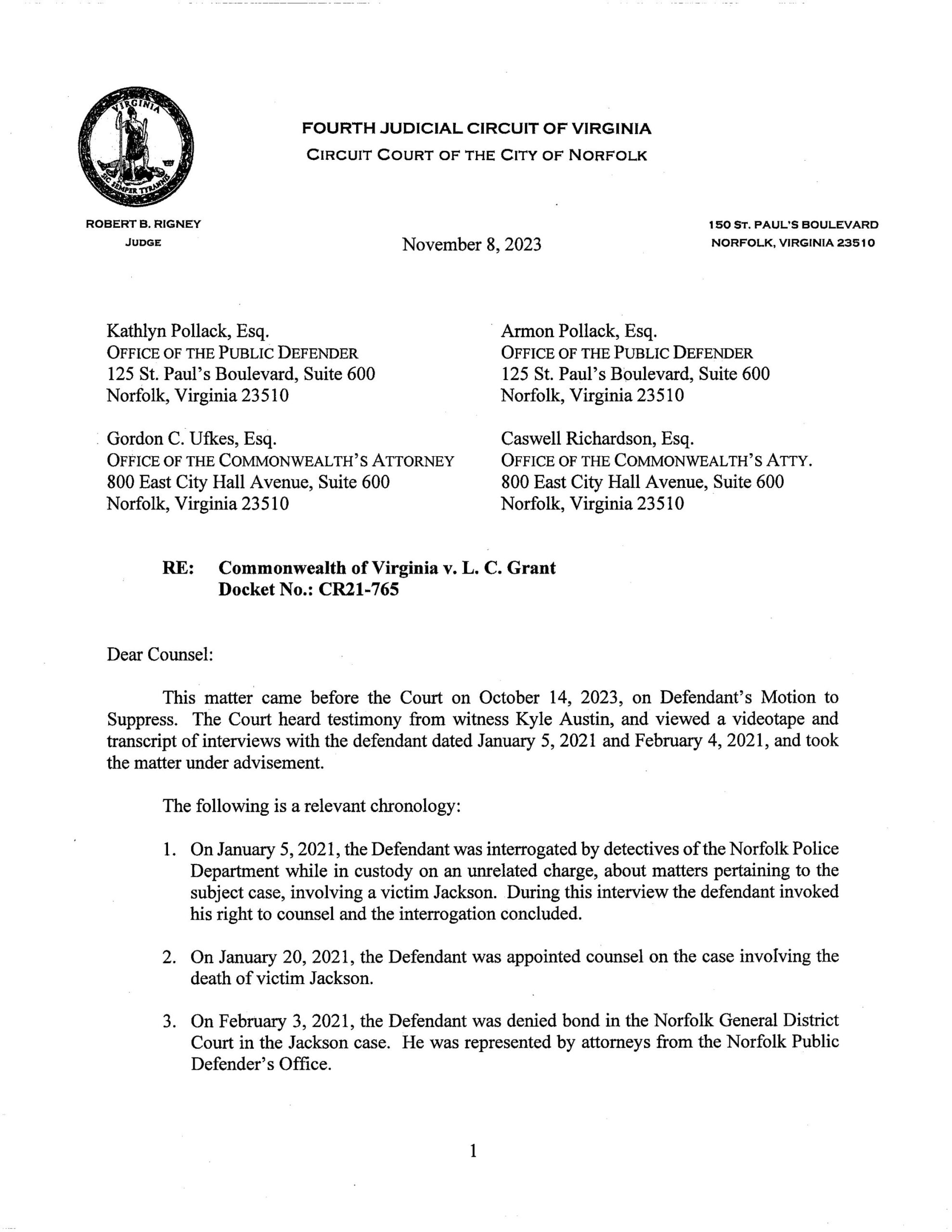 CW v L C Grant – Letter Opinion