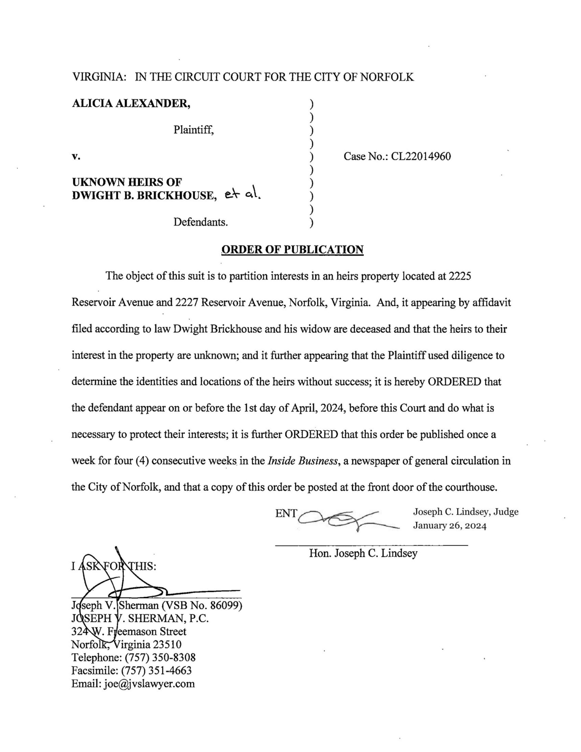 CL22-14960 ORDER OF PUBLICATION