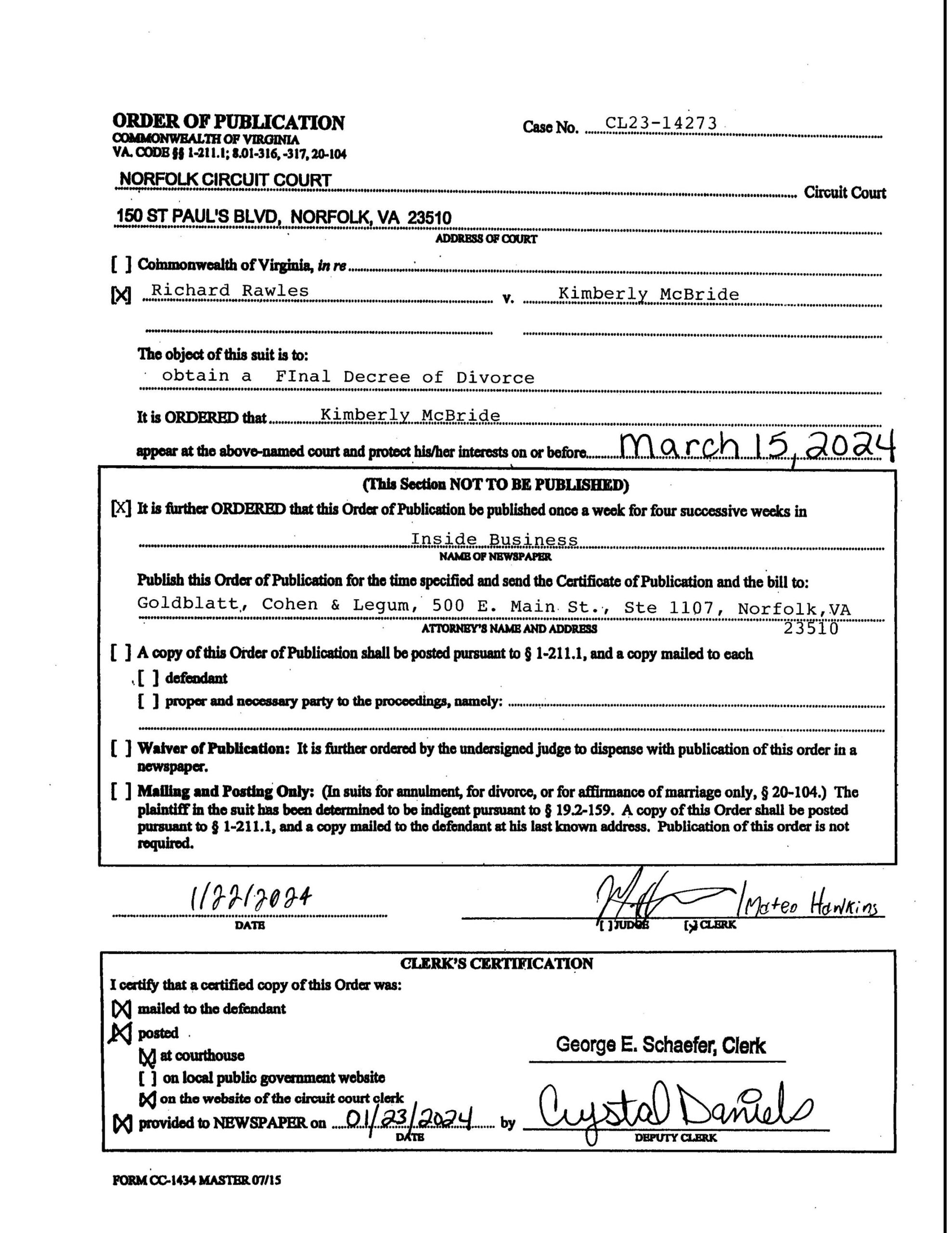 CL23-14273 ORDER OF PUBLICATION