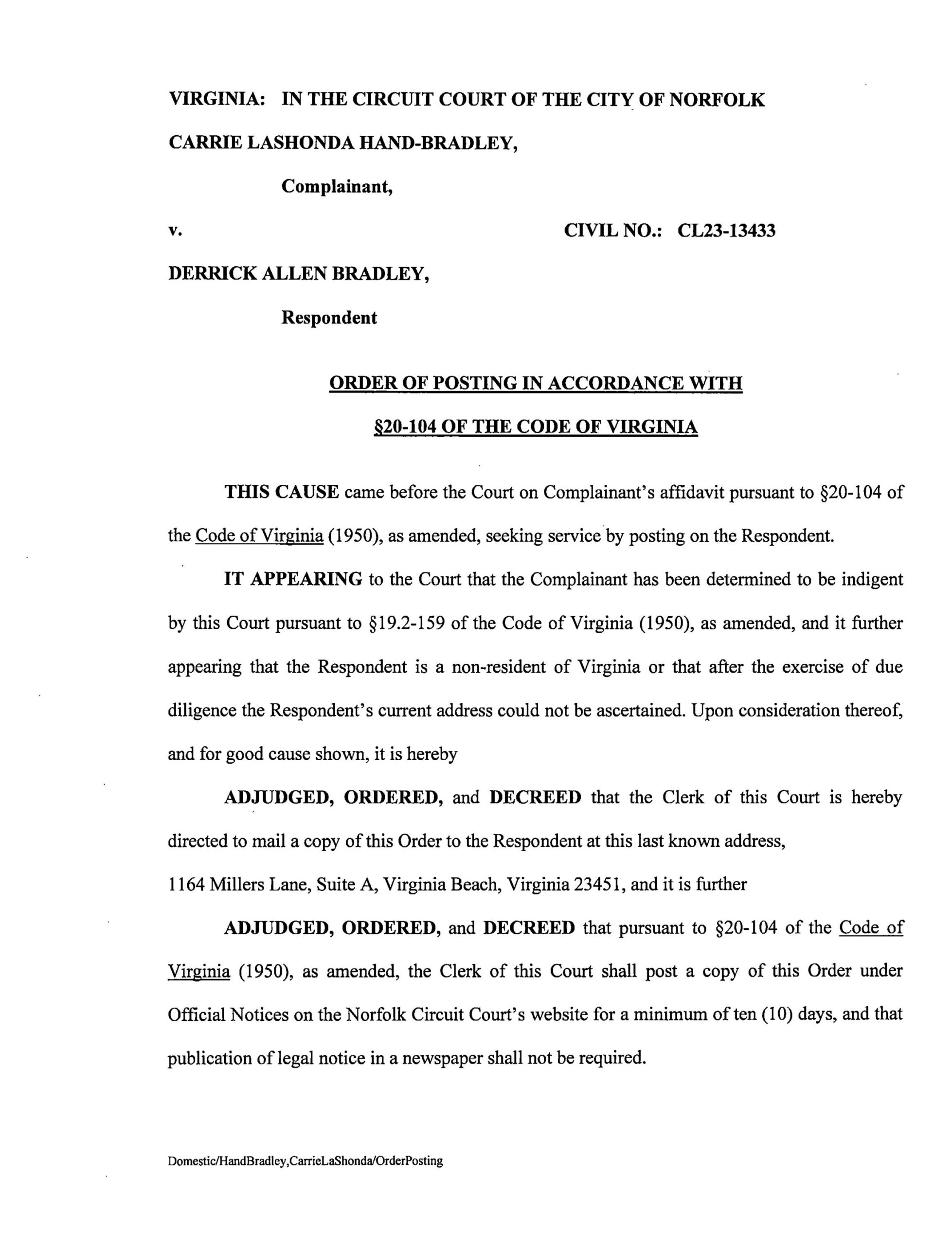 CL 23-13433 Order of Posting