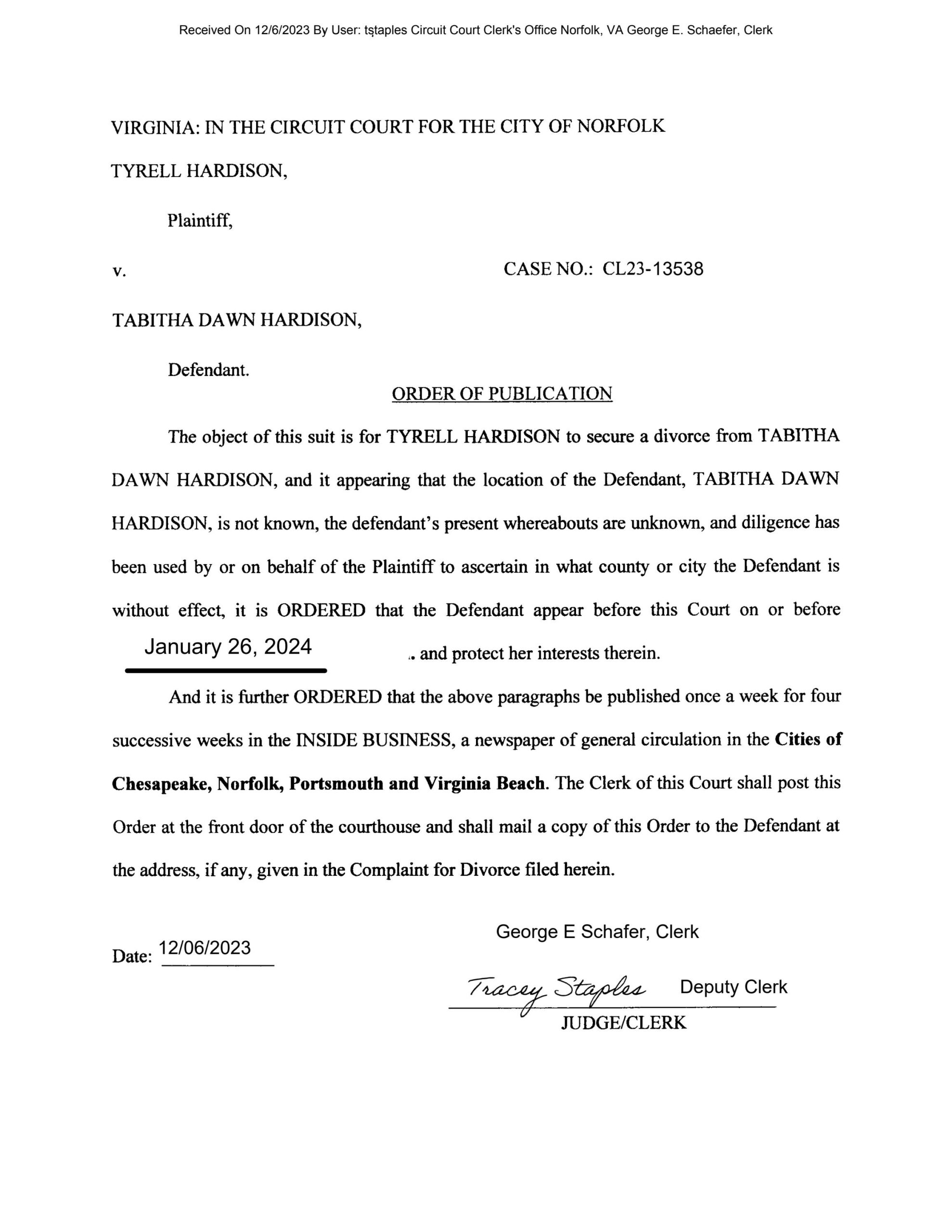 CL 23-13538 Order of Publication